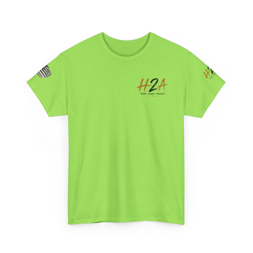 Neon green crew-neck t-shirt with small H2A logo on the chest