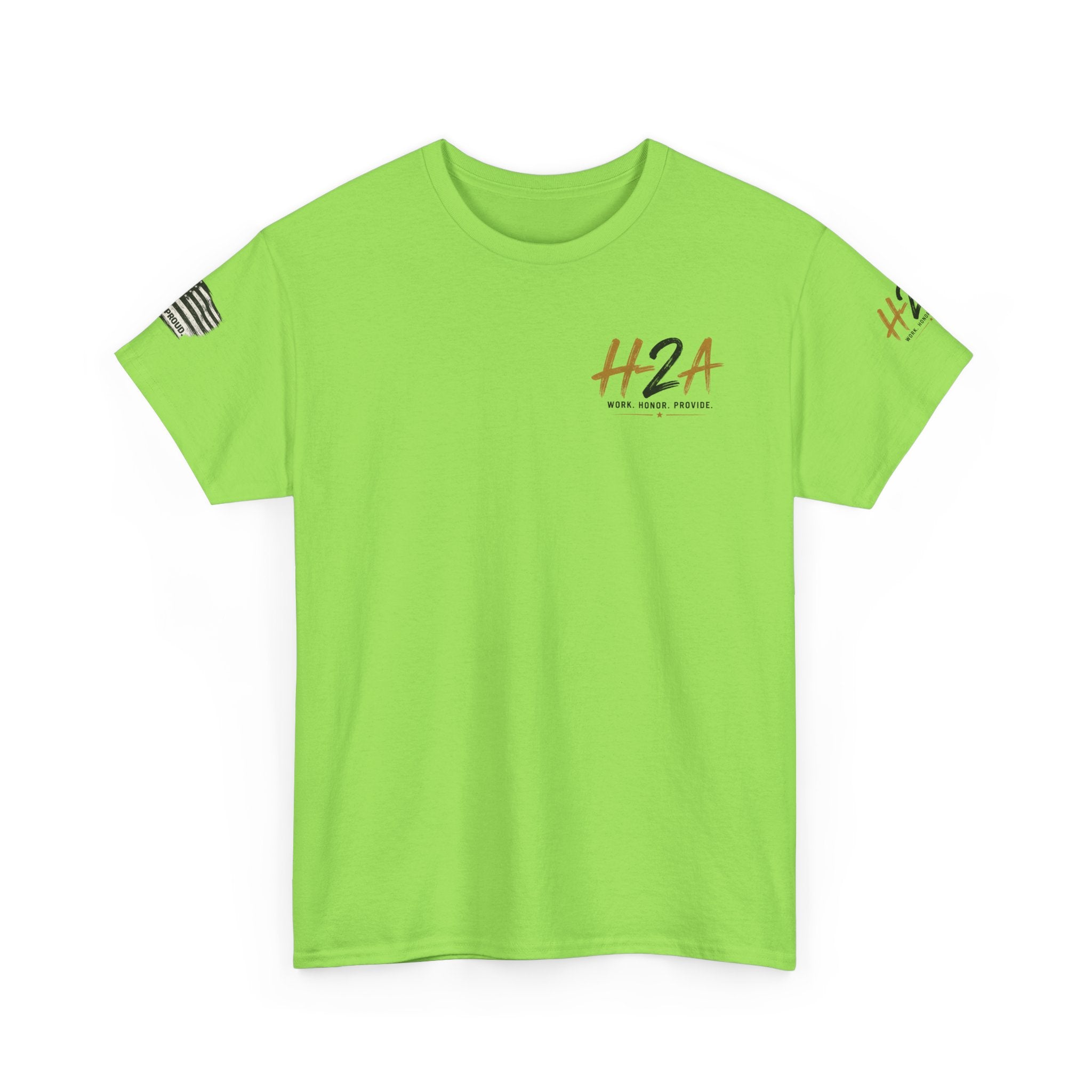 Neon green crew-neck t-shirt with small H2A logo on the chest
