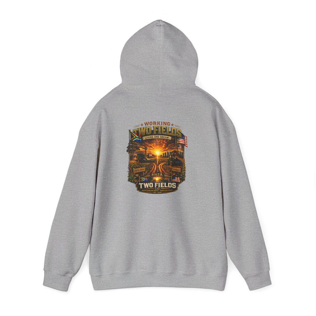 Gray pullover hoodie with back chest sunset farm graphic