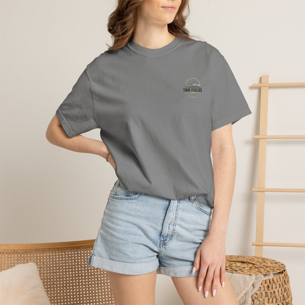 Olive graphic T-shirt with small Two Fields logo on the chest