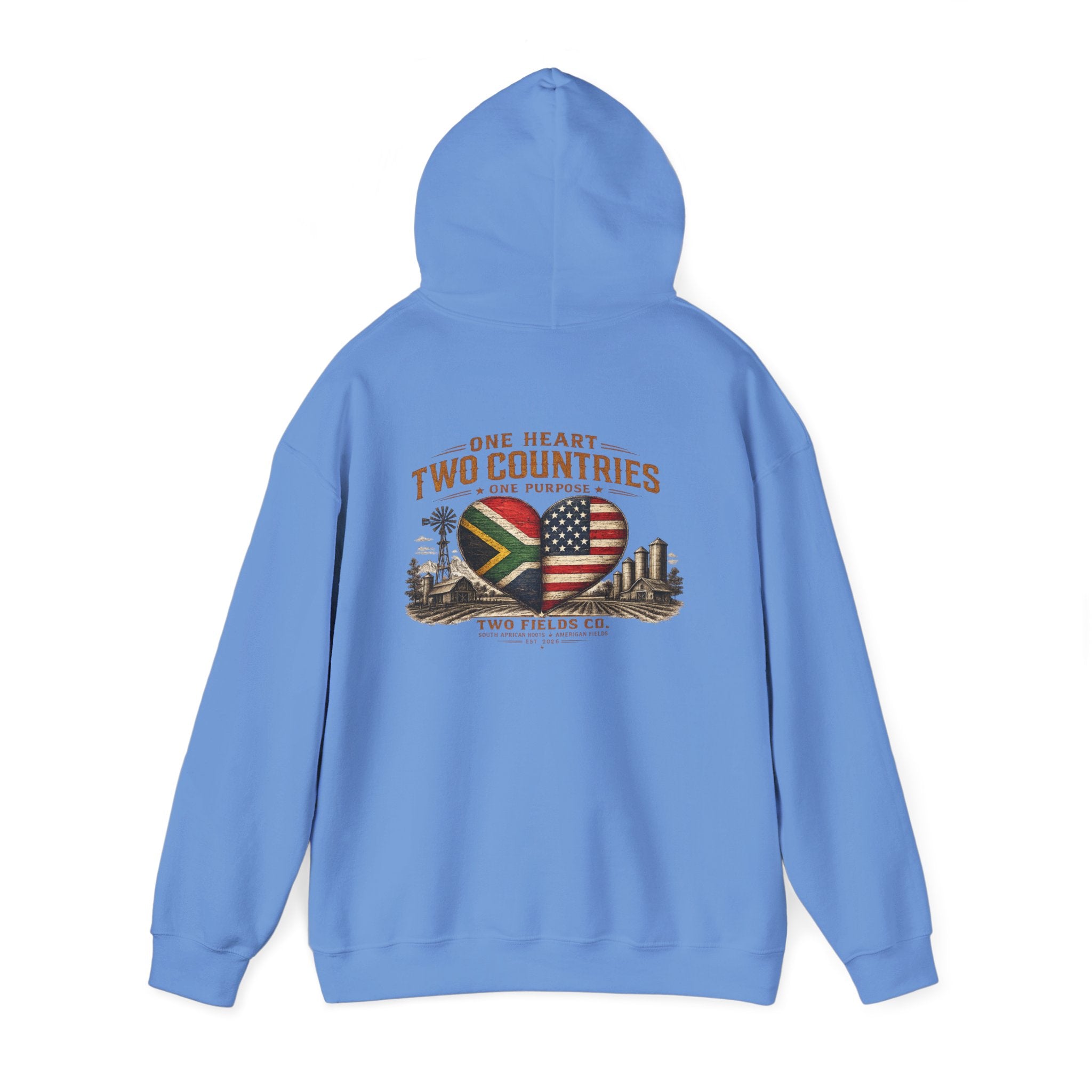 Light blue pullover hoodie with hood and back heart flag graphic