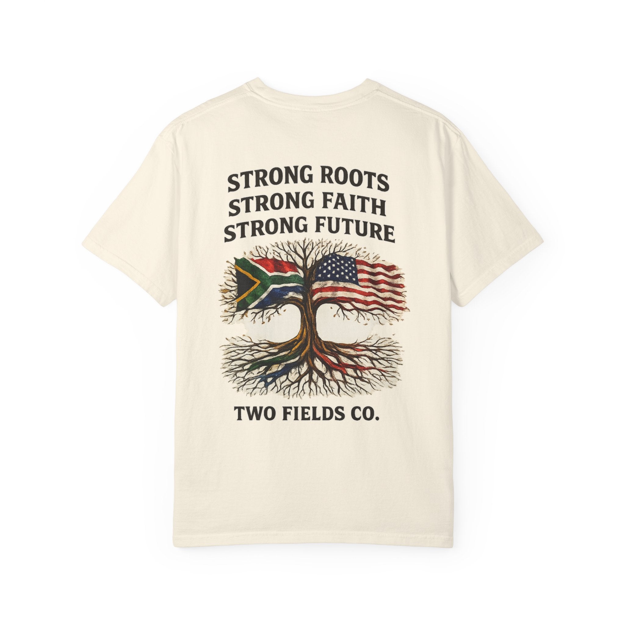 Ivory t-shirt back graphic with “STRONG ROOTS” text and tree with flags