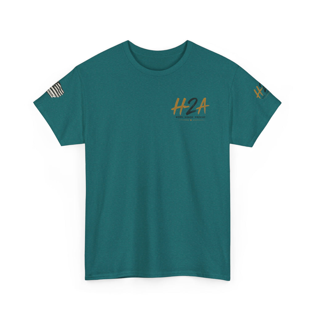 Teal farming T-shirt with small H2A chest logo and sleeve flag patch