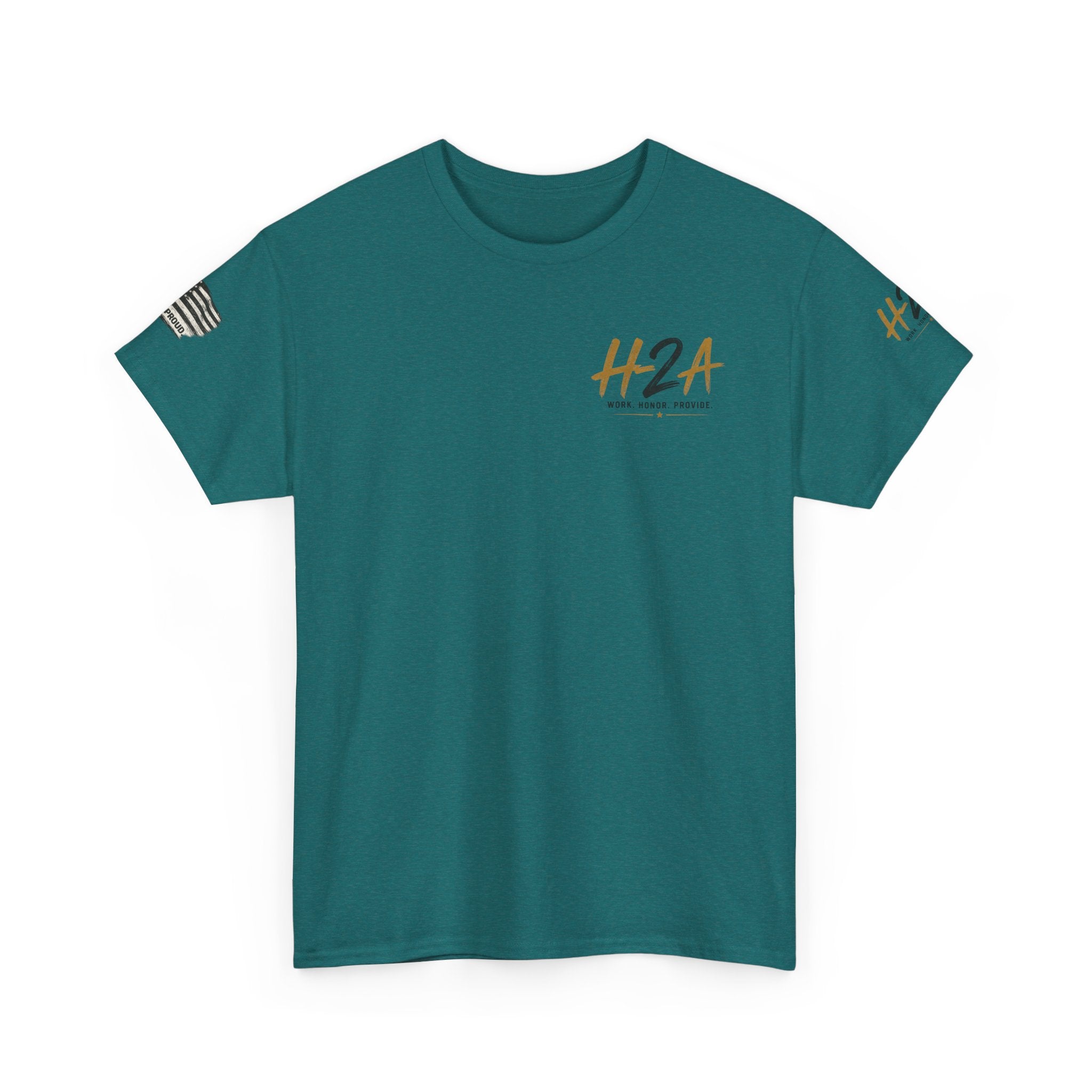 Teal farming T-shirt with small H2A chest logo and sleeve flag patch