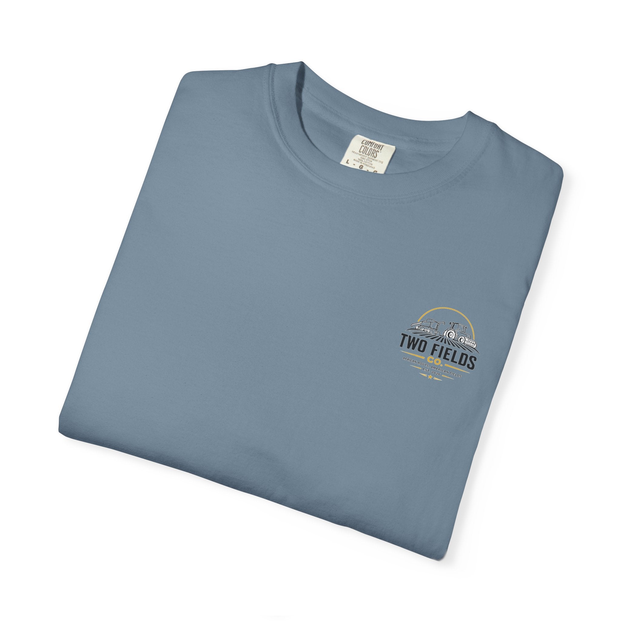 Dusty blue graphic T-shirt with small Two Fields logo on the chest