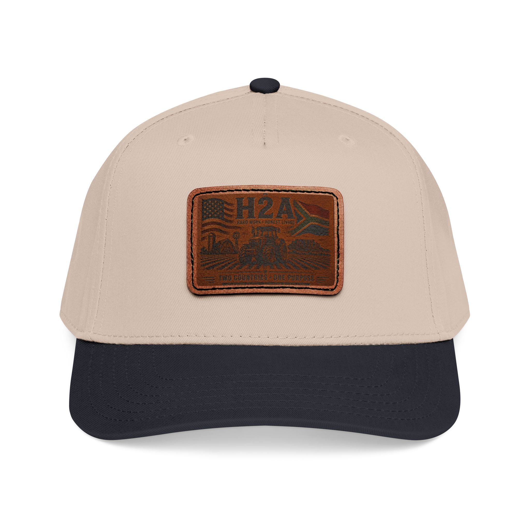 Beige baseball cap with dark navy brim and rectangular H2A logo patch