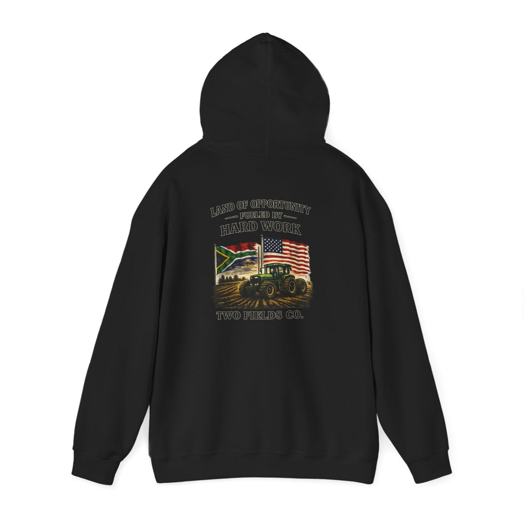 Black hoodie with back tractor graphic and “Hard Work” text, “Two Fields Co.”