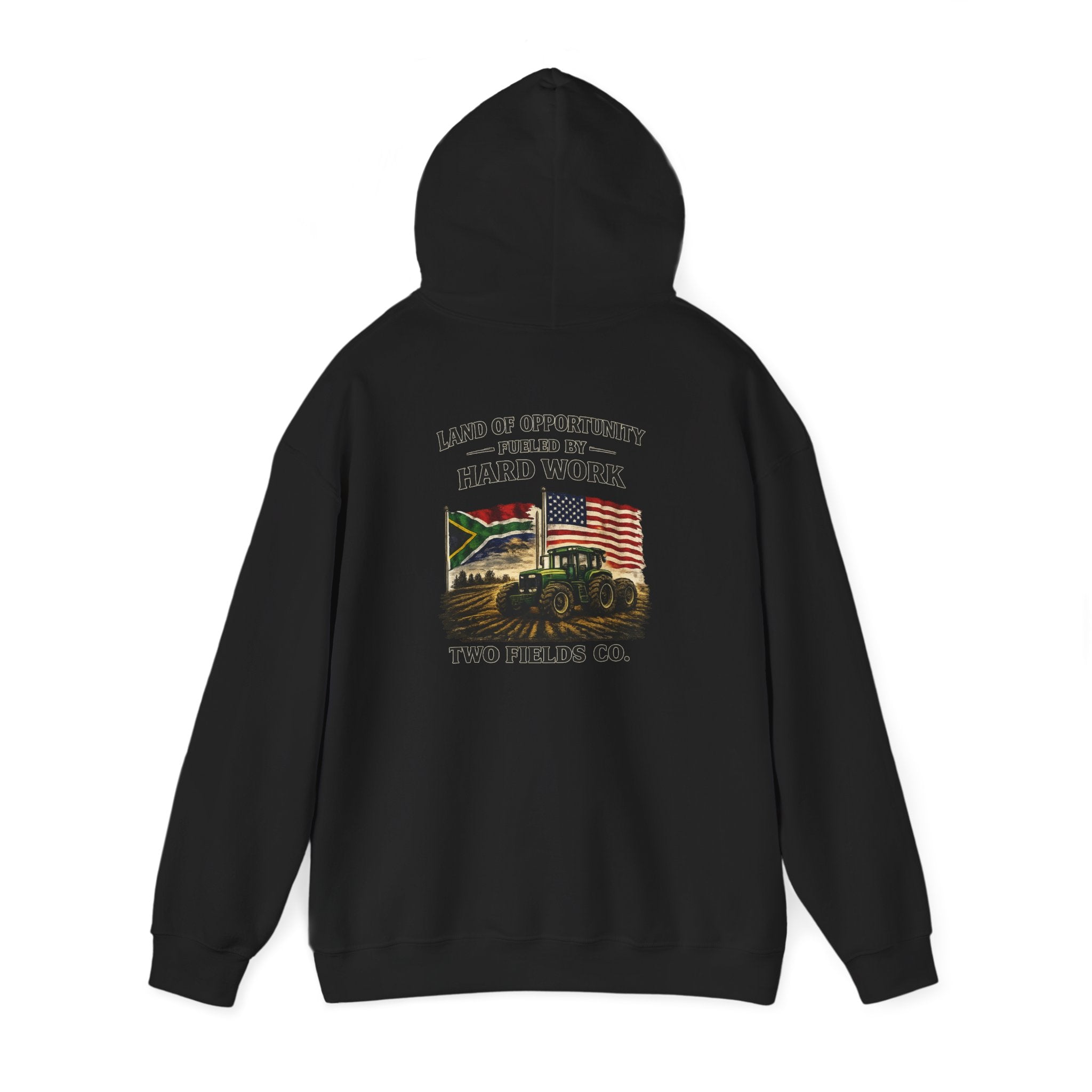 Black hoodie with back tractor graphic and “Hard Work” text, “Two Fields Co.”