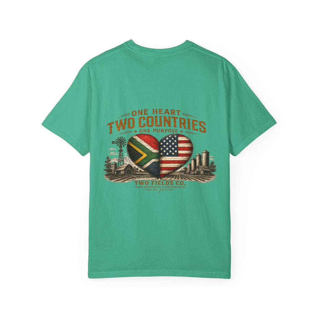 Green T-shirt with heart flag graphic and front text print