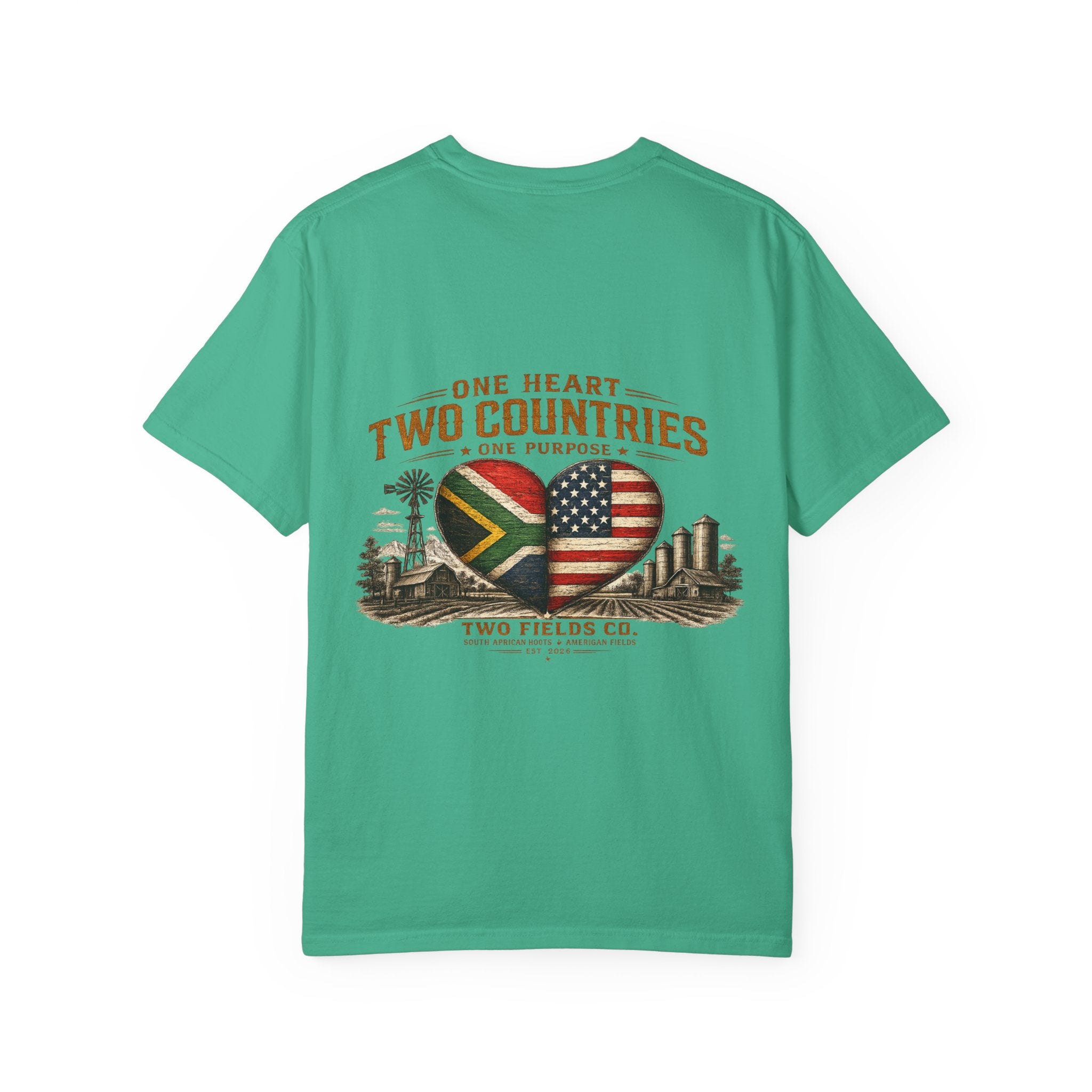 Green T-shirt with heart flag graphic and front text print