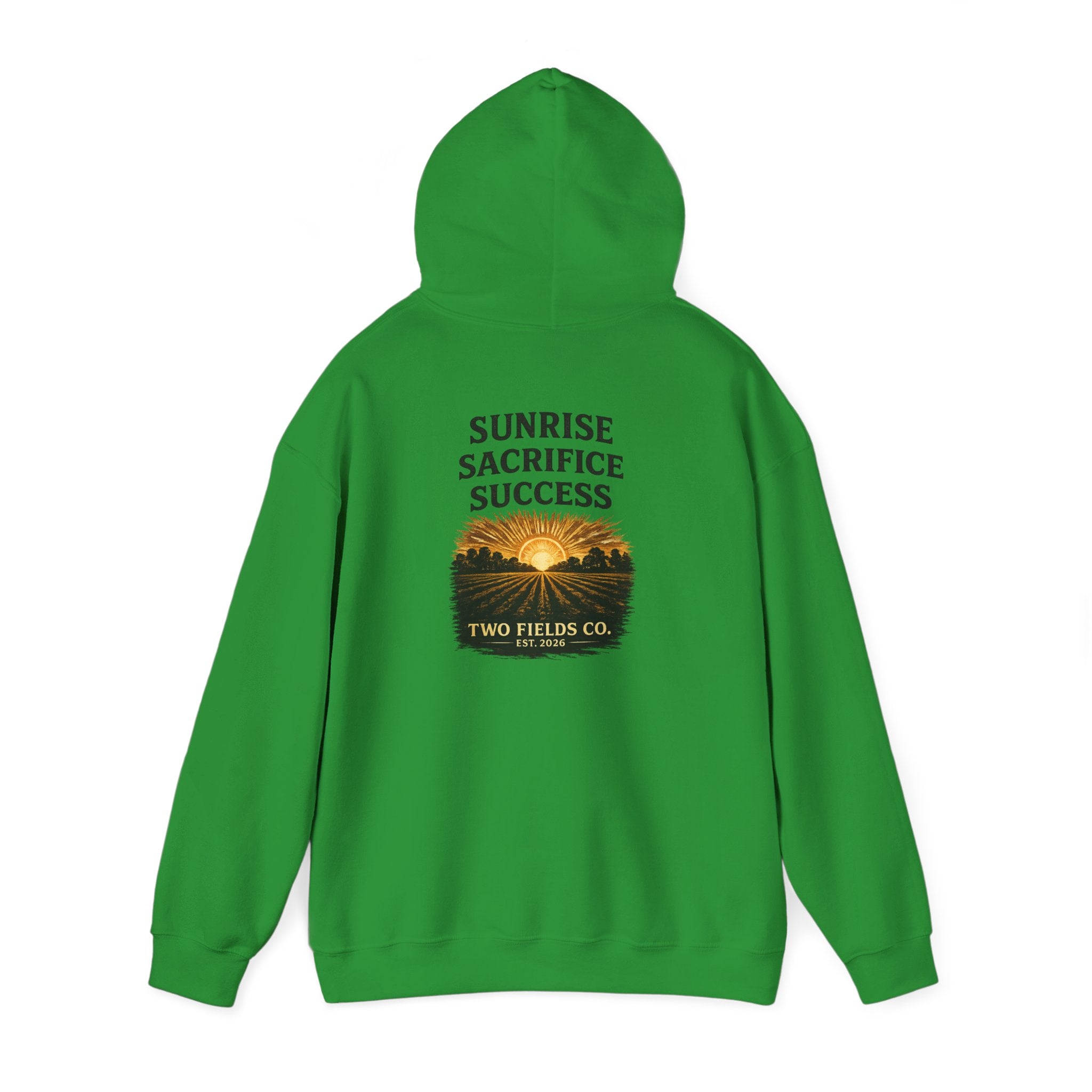 Green hoodie with sunrise graphic on chest, hood, drawstring, and front pocket.