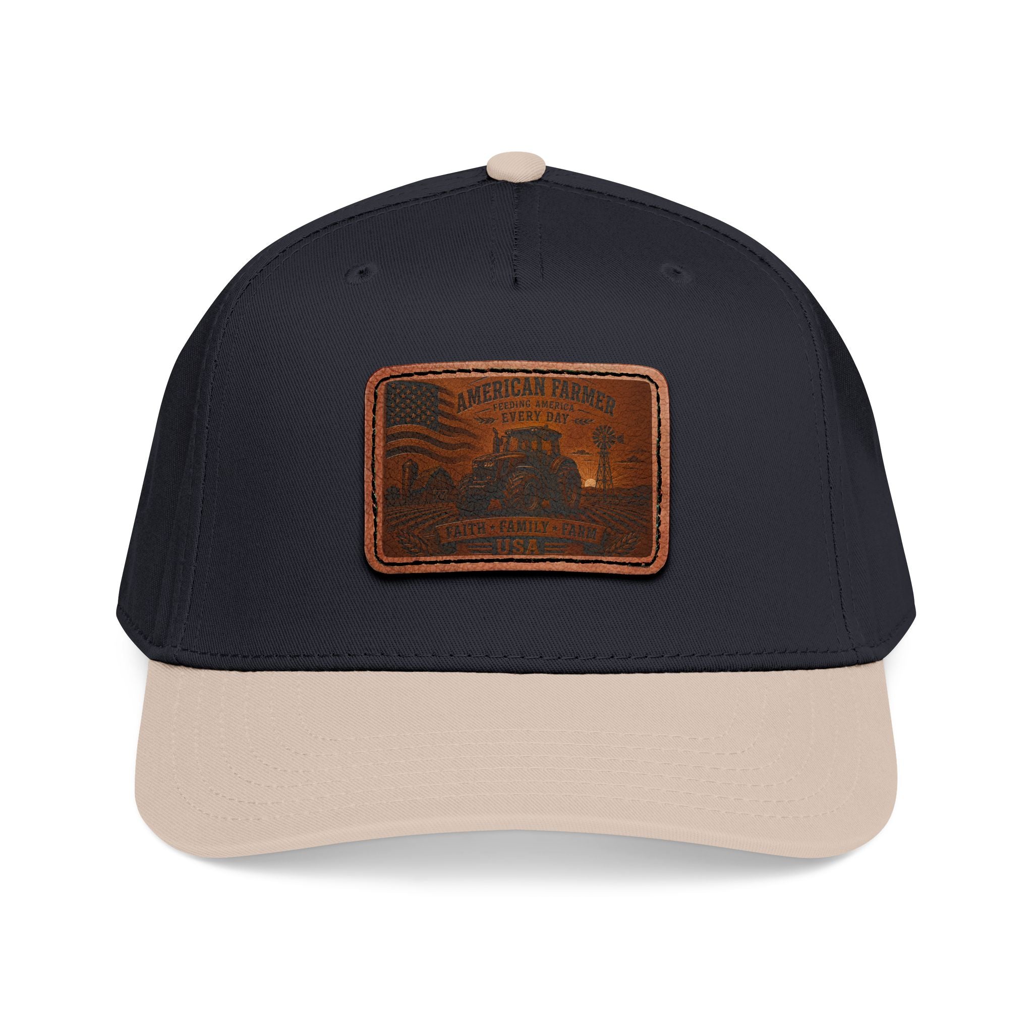 Two-tone baseball cap in dark navy with light brown leather patch