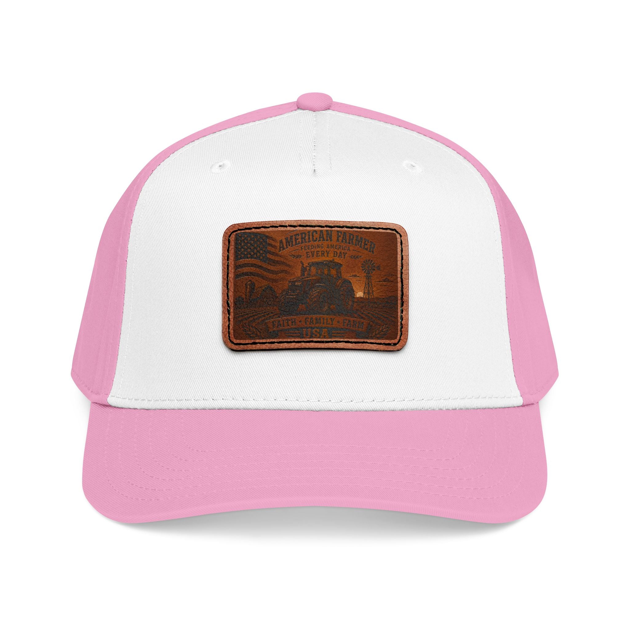 Leather patch baseball cap with pink crown, pink brim, and stitched leather badge.