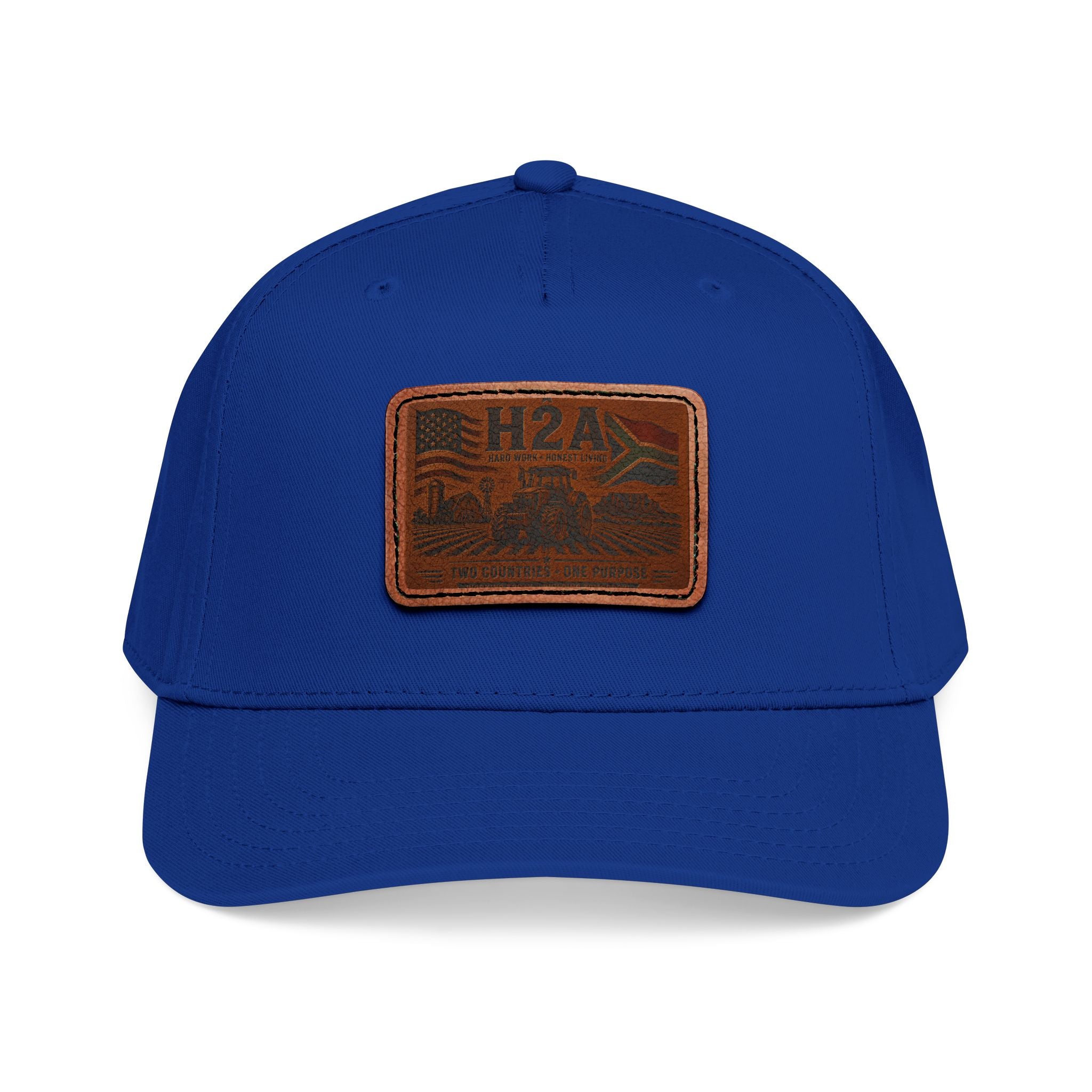 Royal blue baseball cap with rectangular leather patch H2A outdoor logo