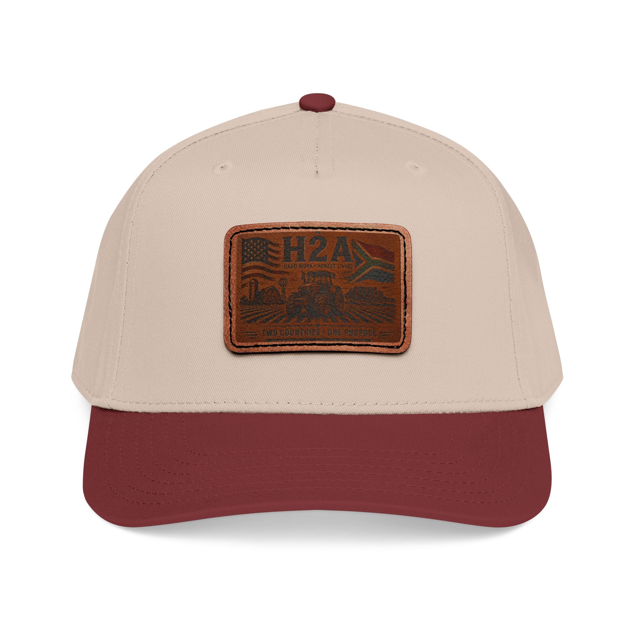 Beige baseball cap with maroon brim and rectangular H2A logo patch