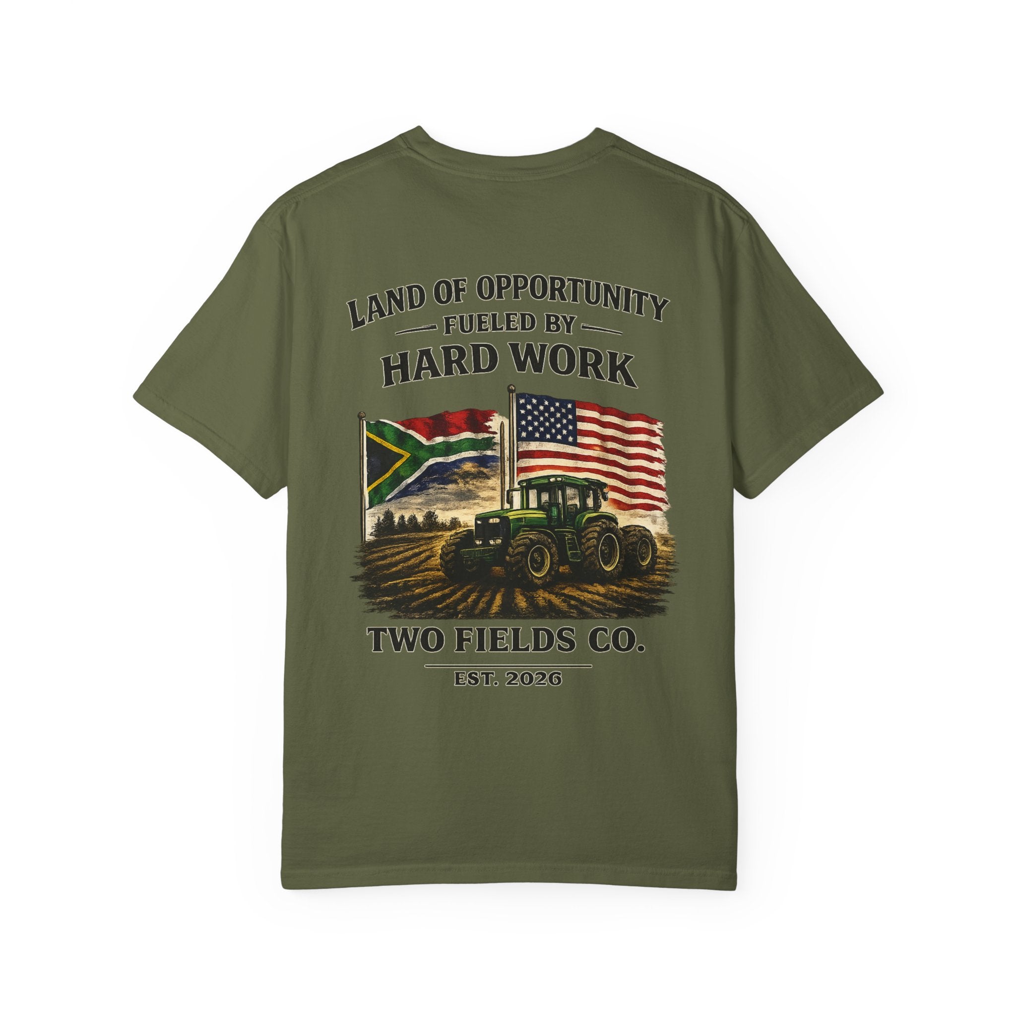 Green crewneck tractor graphic t-shirt with flag, slogan, and “Two Fields Co.”