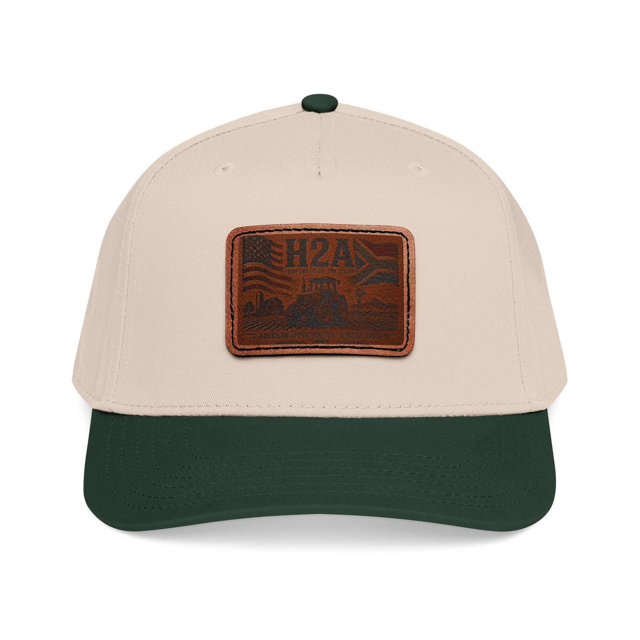 Baseball cap with beige crown, dark green brim, and light brown rectangle leather logo patch.