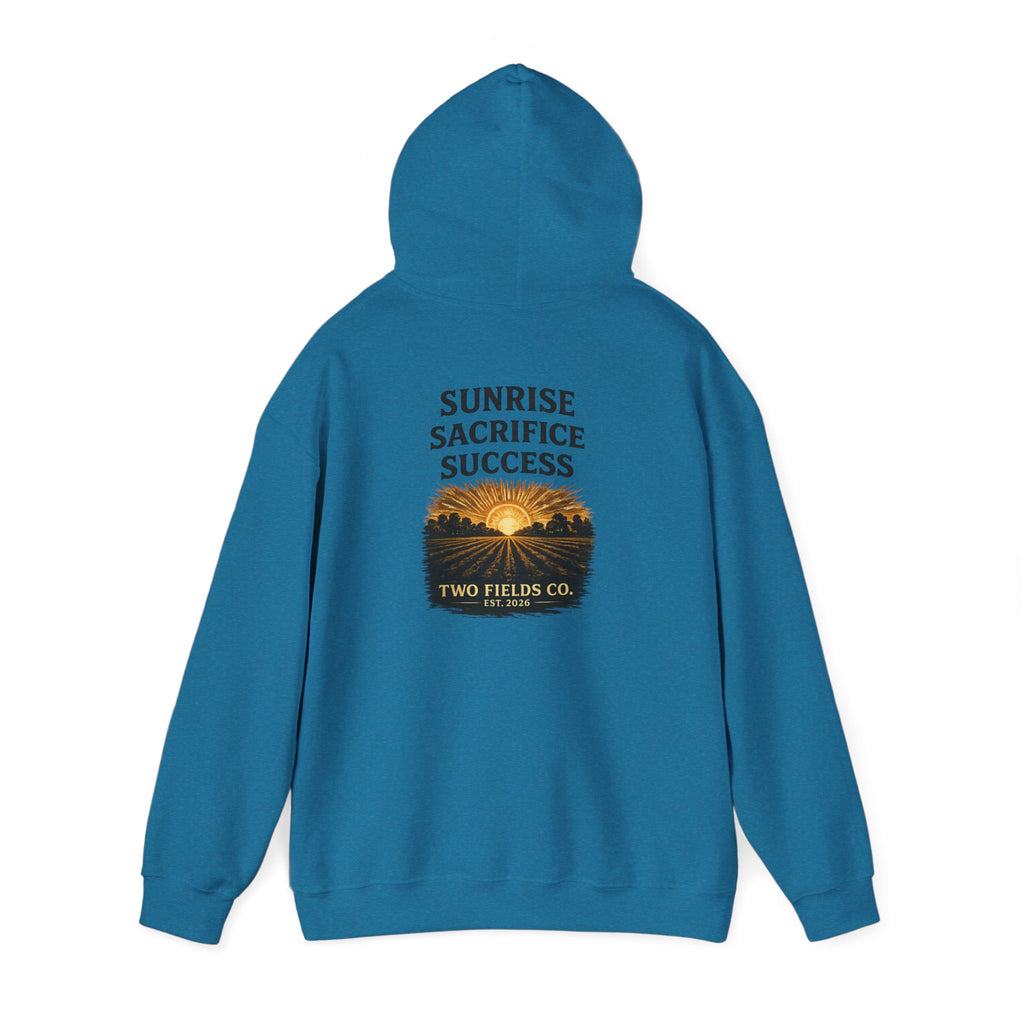 Teal pullover hoodie, back Sunrise Sacrifice Success sunrise graphic with Two Fields Co.