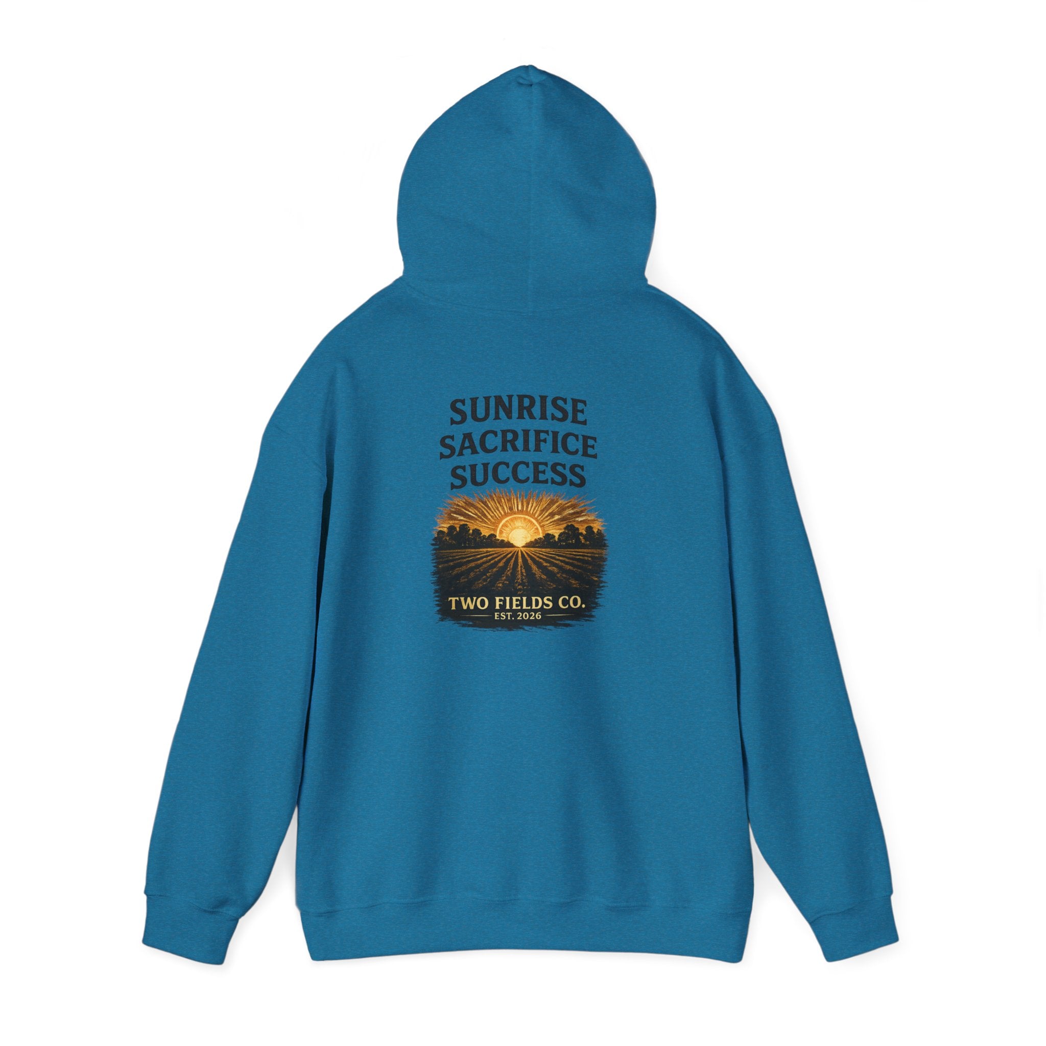 Teal pullover hoodie, back Sunrise Sacrifice Success sunrise graphic with Two Fields Co.