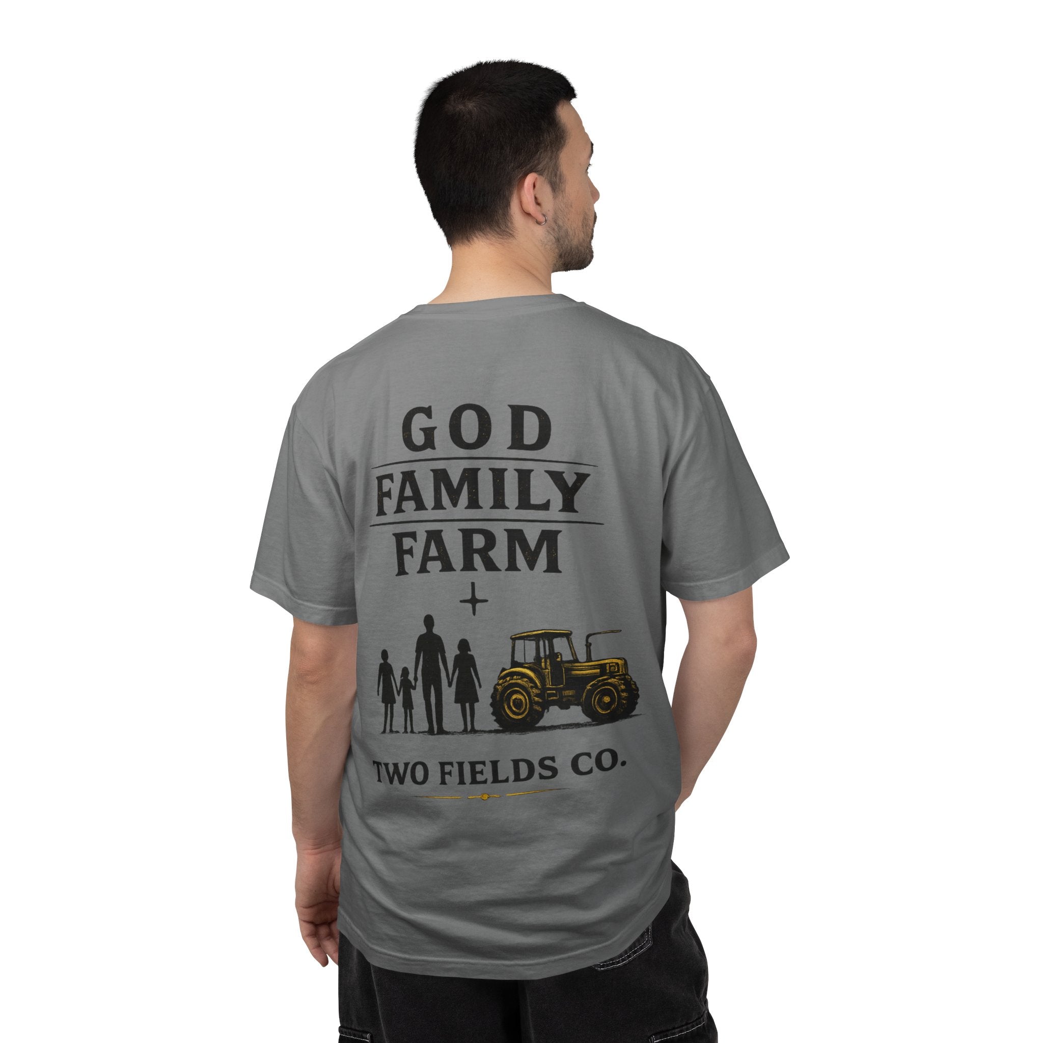 Gray T-shirt back with “GOD FAMILY FARM” text, family figures, and tractor