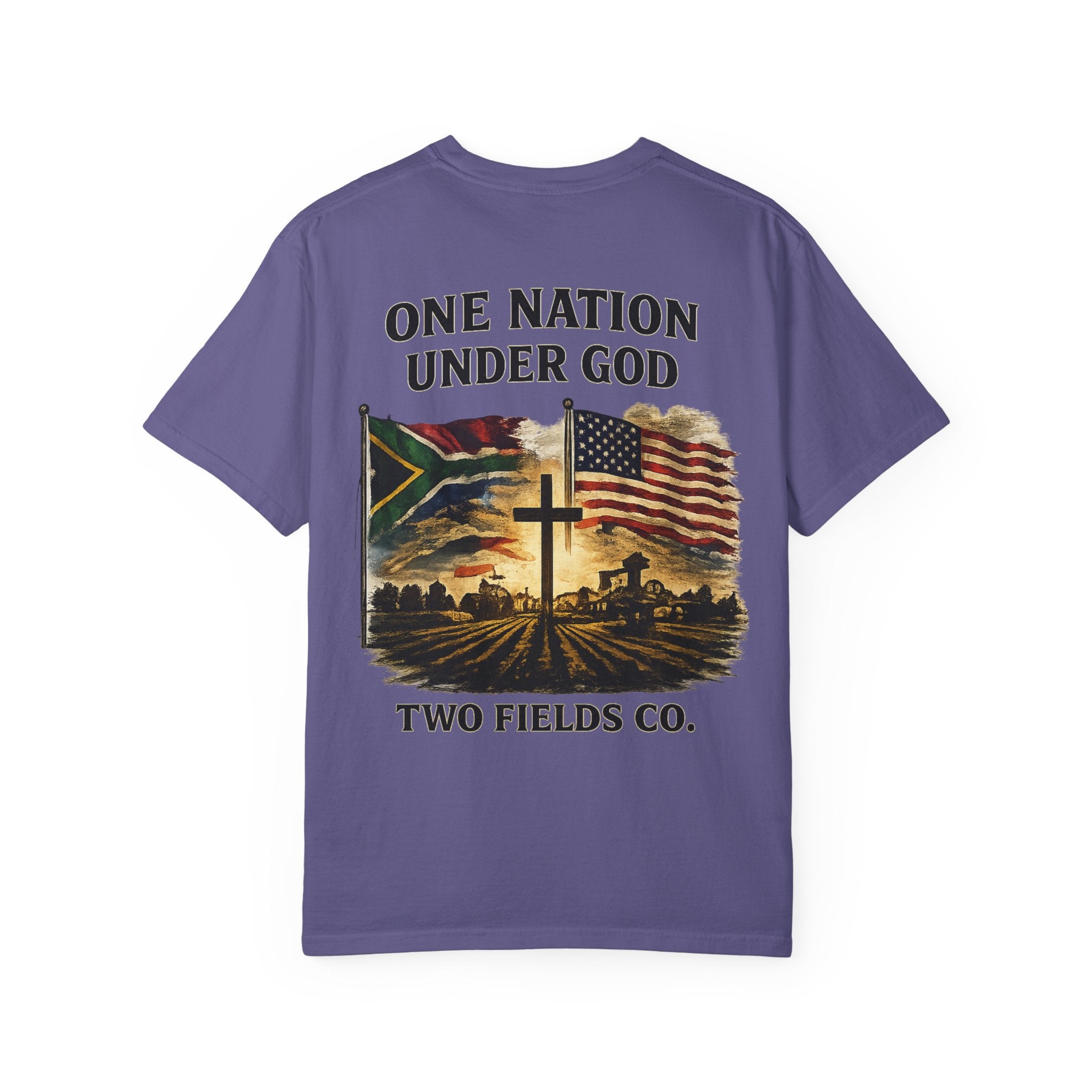 Purple short-sleeve T-shirt with patriotic front graphic and text