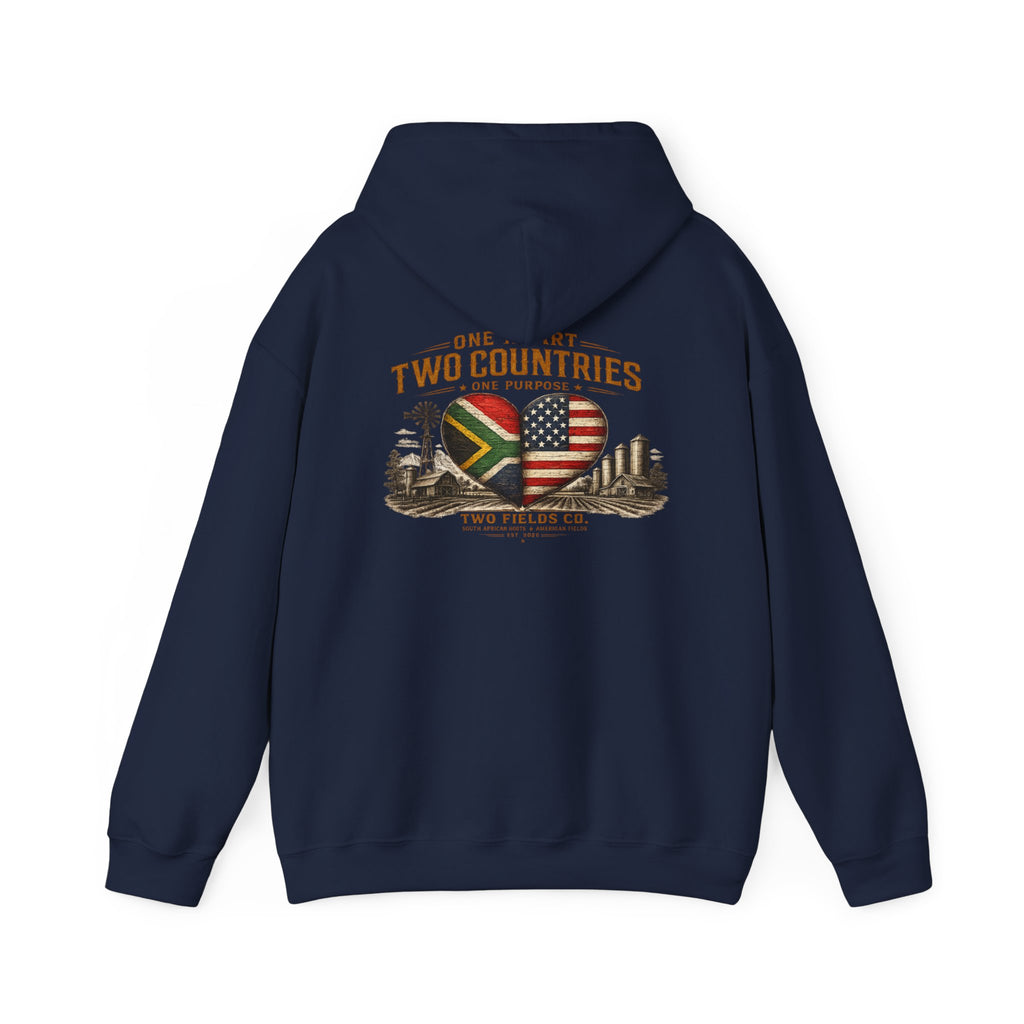 Indigo blue pullover hoodie with hood and heart-and-flag graphic on back