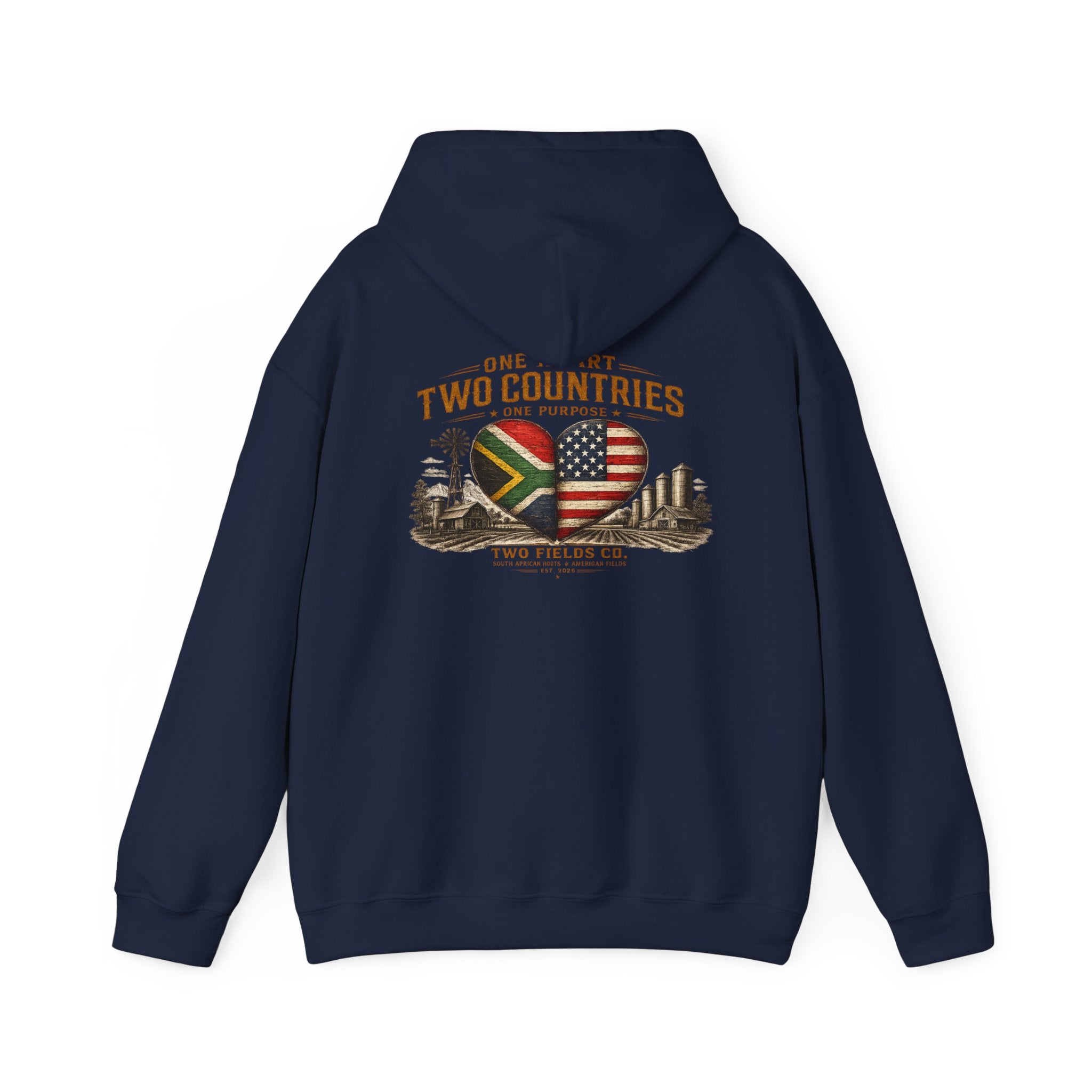 Indigo blue pullover hoodie with hood and heart-and-flag graphic on back