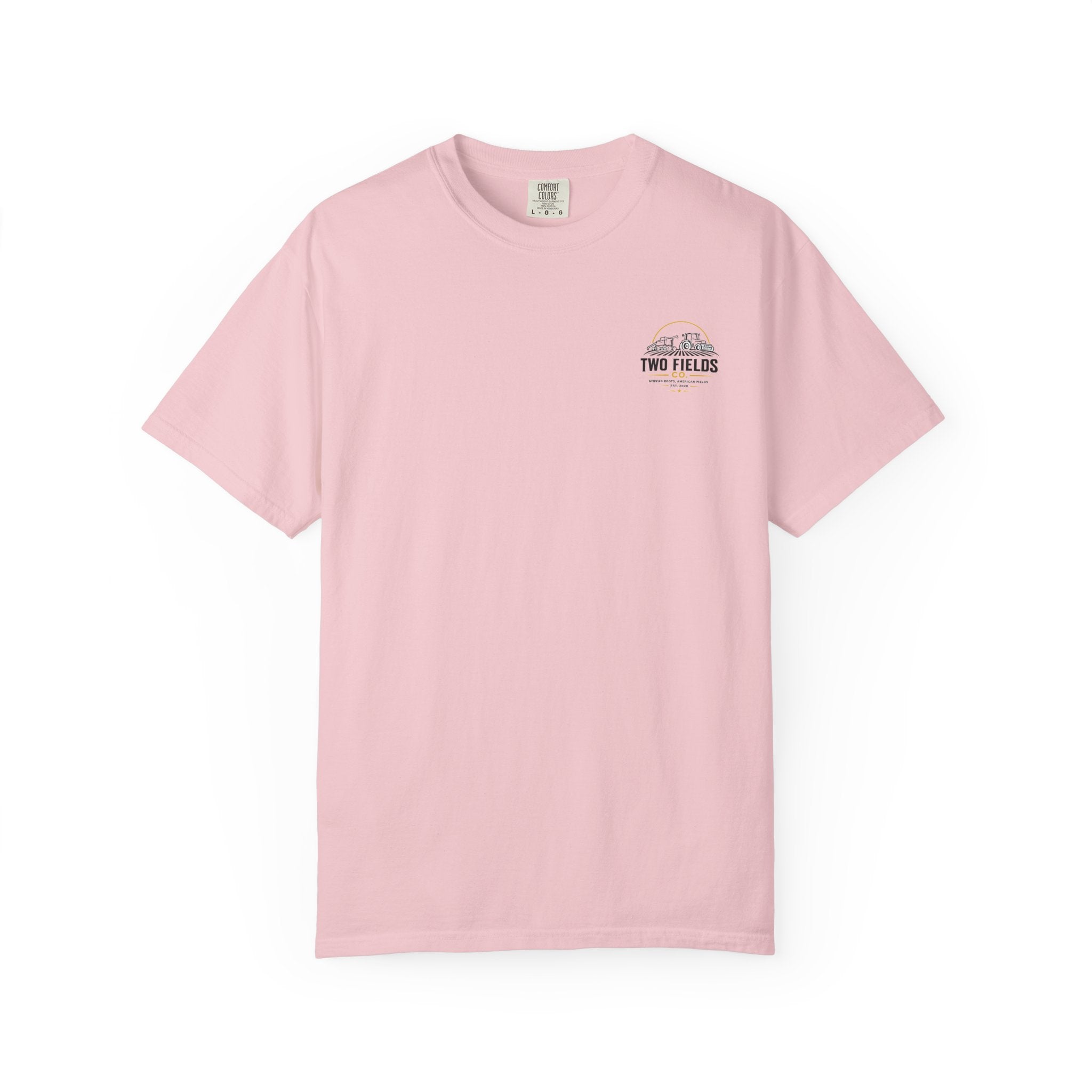 Pink graphic t-shirt with Two Fields logo emblem on left chest
