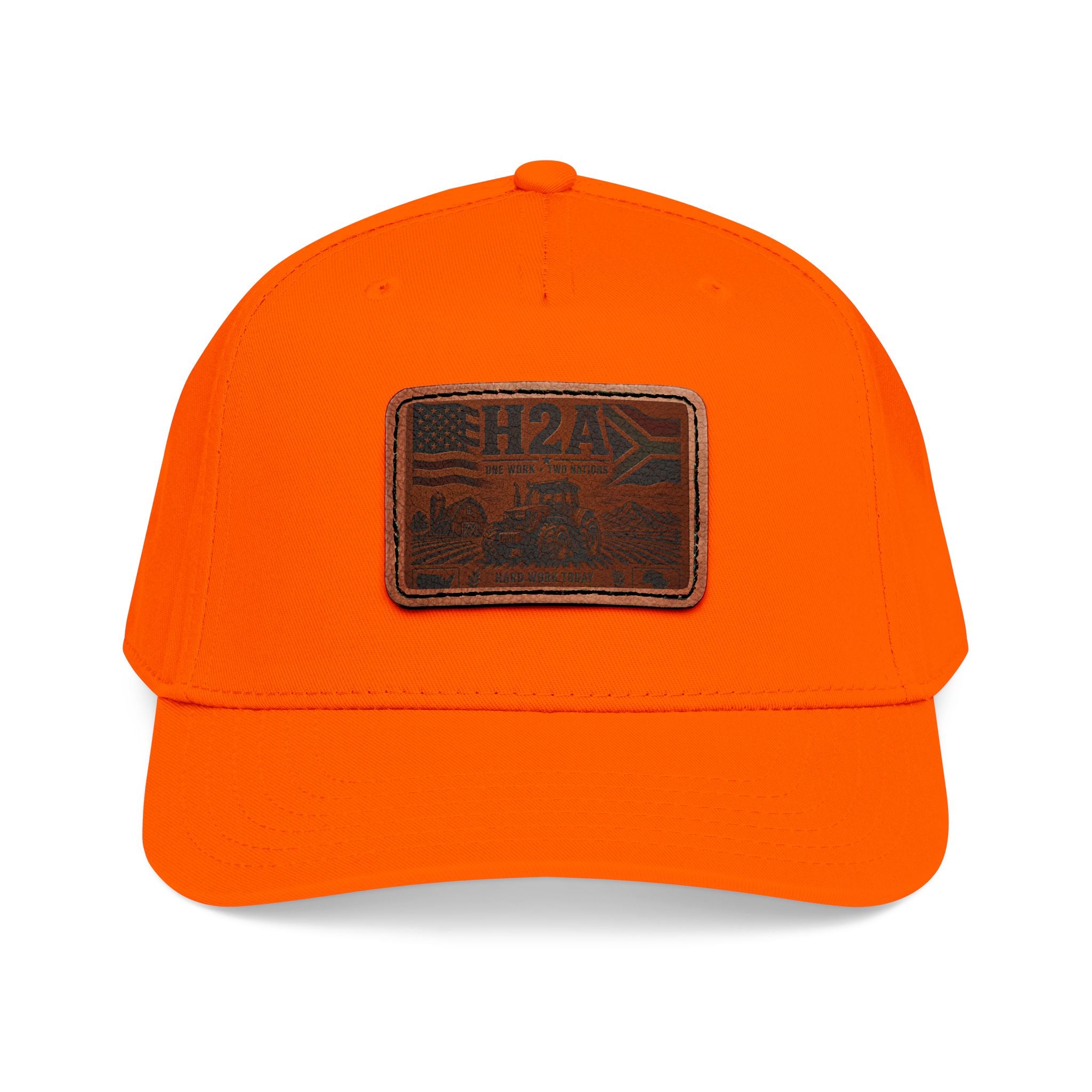 Leather patch baseball cap with rectangular H2A vintage truck patch; bright orange all around