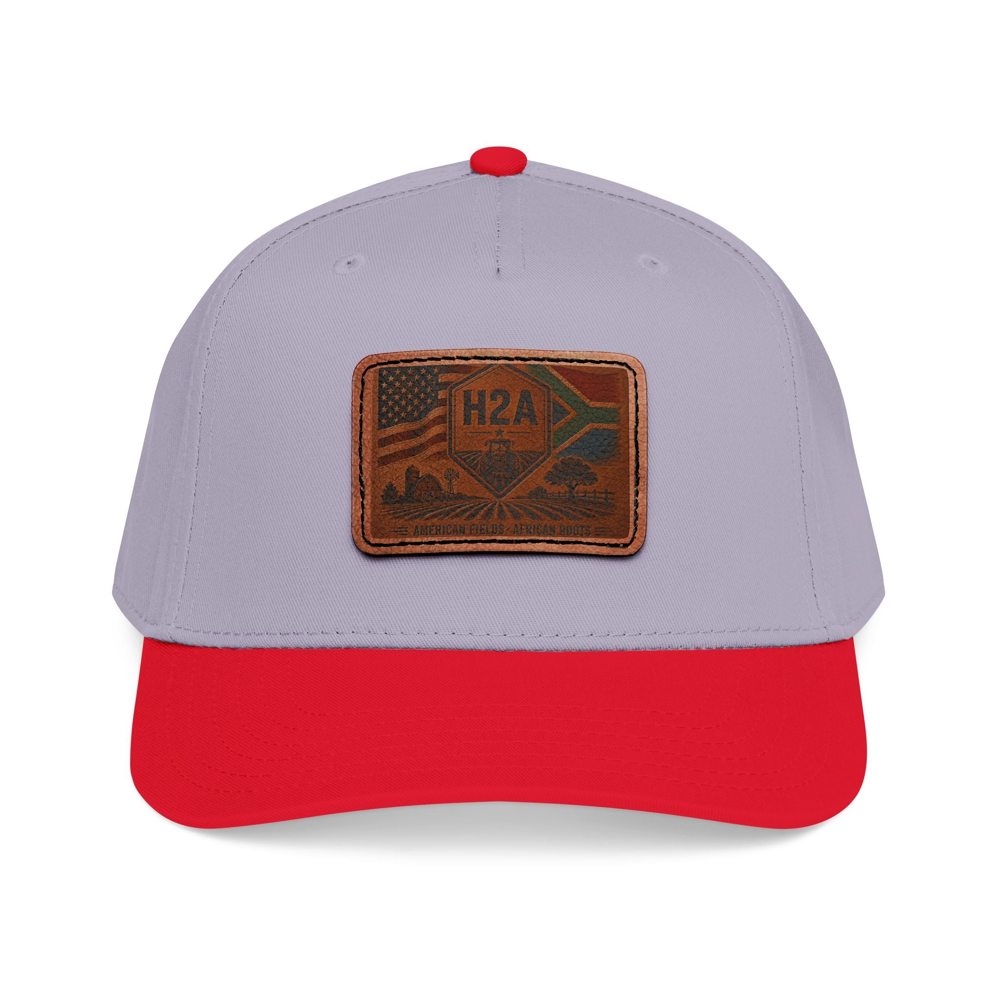 Light gray and red baseball cap with rectangle leather patch showing H2A flag design