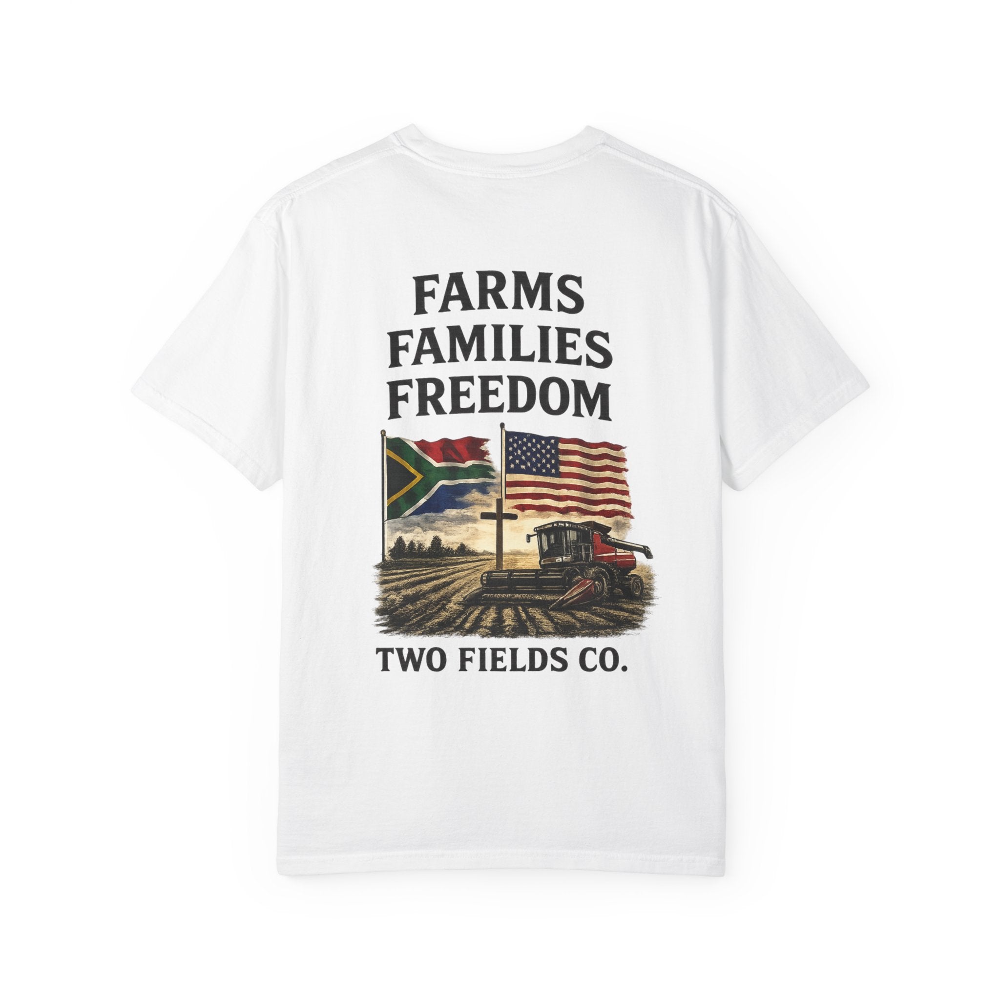 White crew neck t-shirt with back text and farm tractor graphic
