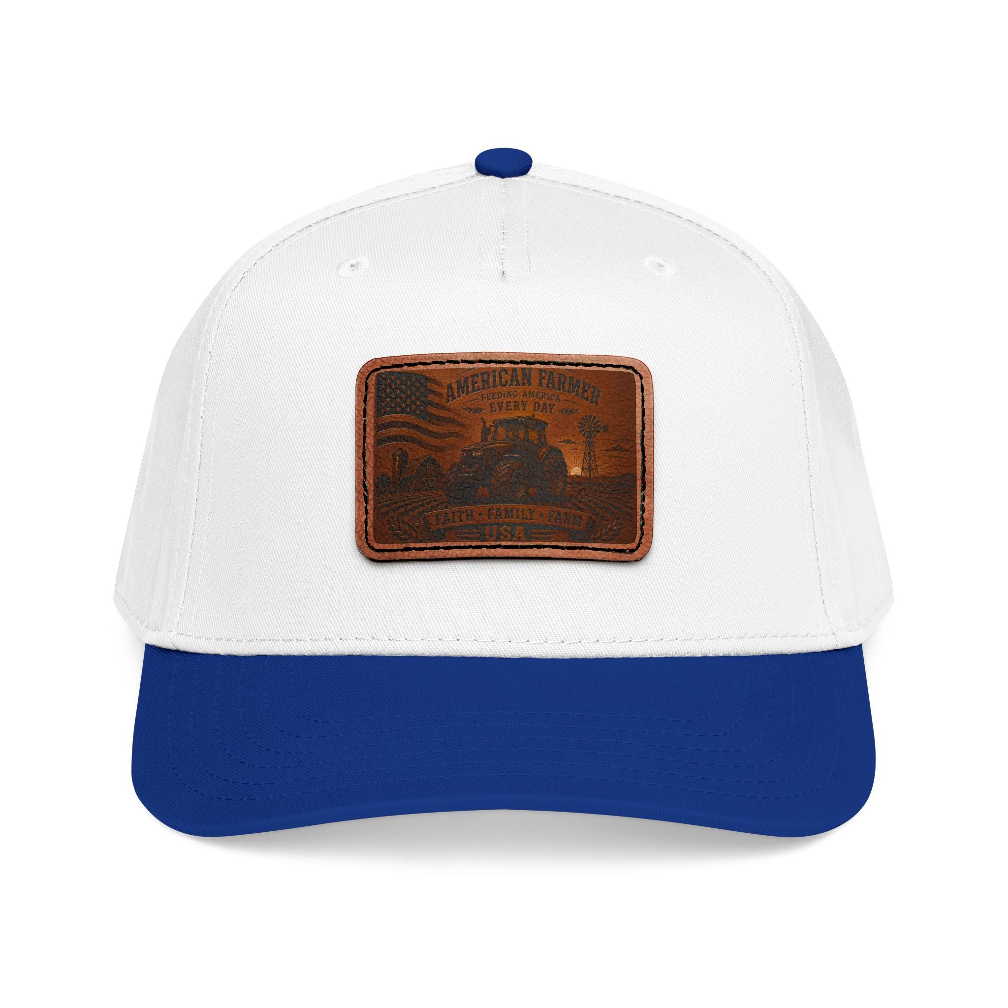 Leather patch baseball cap, white with blue underside brim and tan rectangular leather patch