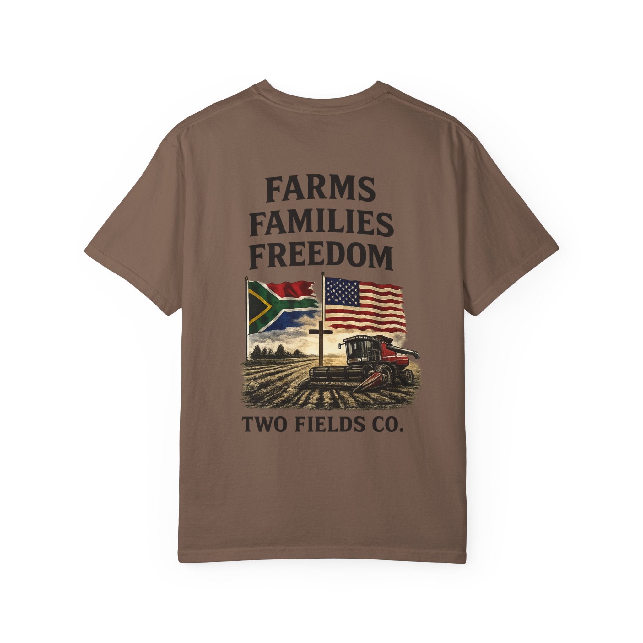 Brown farm tractor T-shirt with "FARMS FAMILIES FREEDOM" and Two Fields Co. front graphic