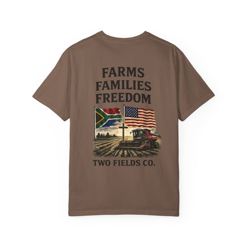 Brown farm tractor T-shirt with "FARMS FAMILIES FREEDOM" and Two Fields Co. front graphic