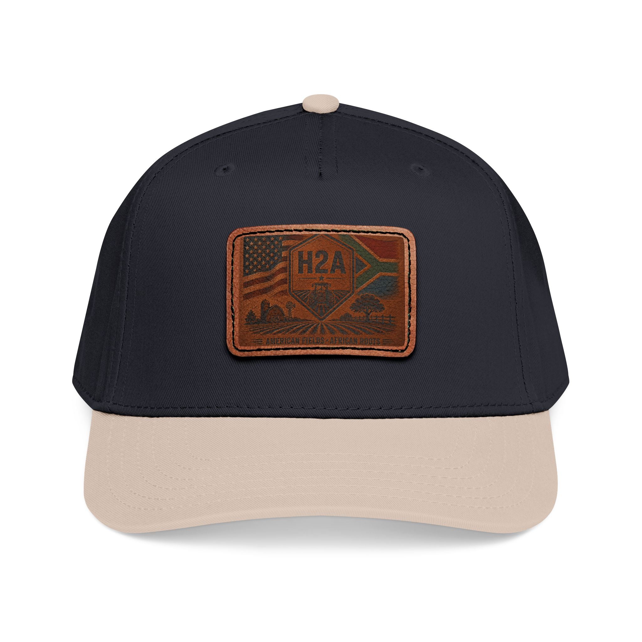Two-tone baseball cap with navy front and beige brim, H2A rectangular patch
