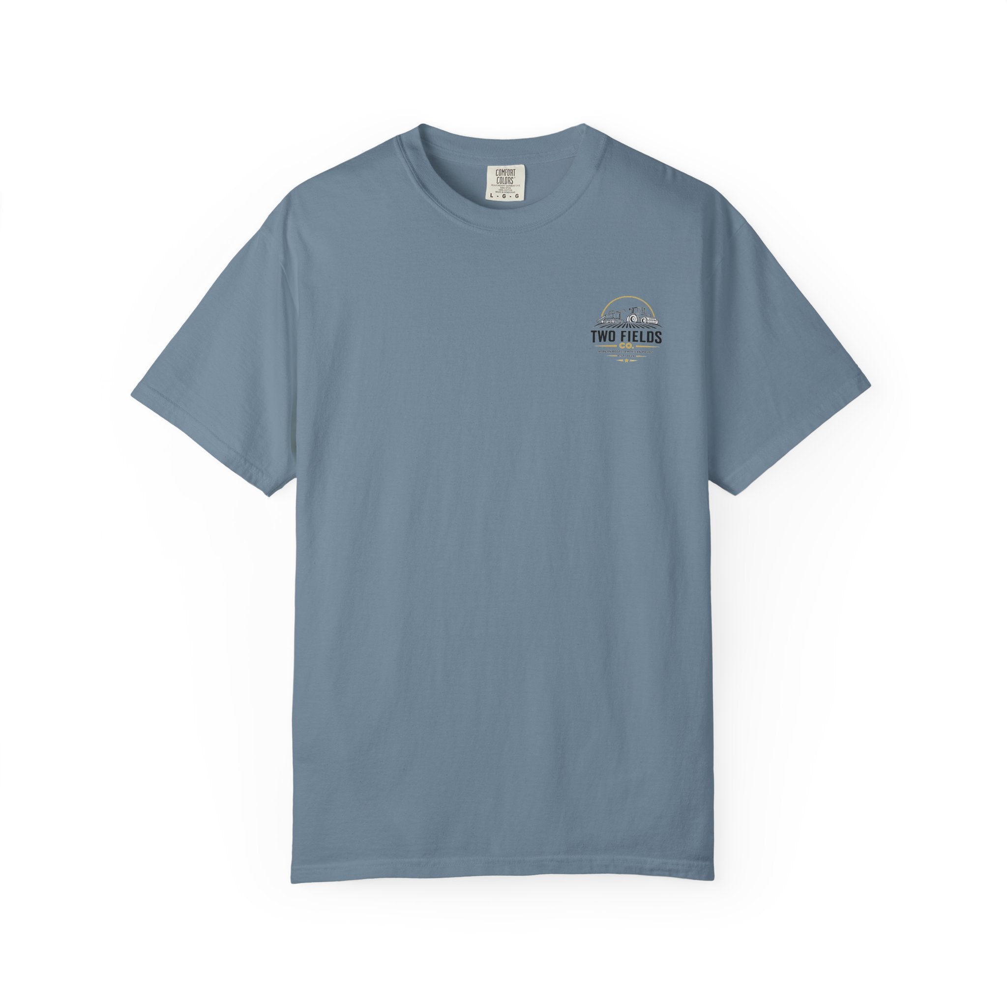 Blue T-shirt with small chest logo graphic on crew neck short sleeves