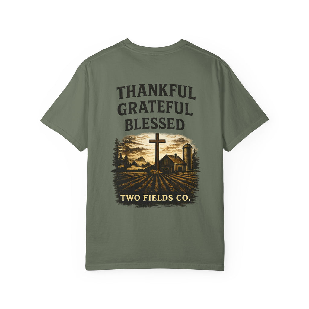 Olive green T-shirt front with 'THANKFUL GRATEFUL BLESSED' farm cross landscape