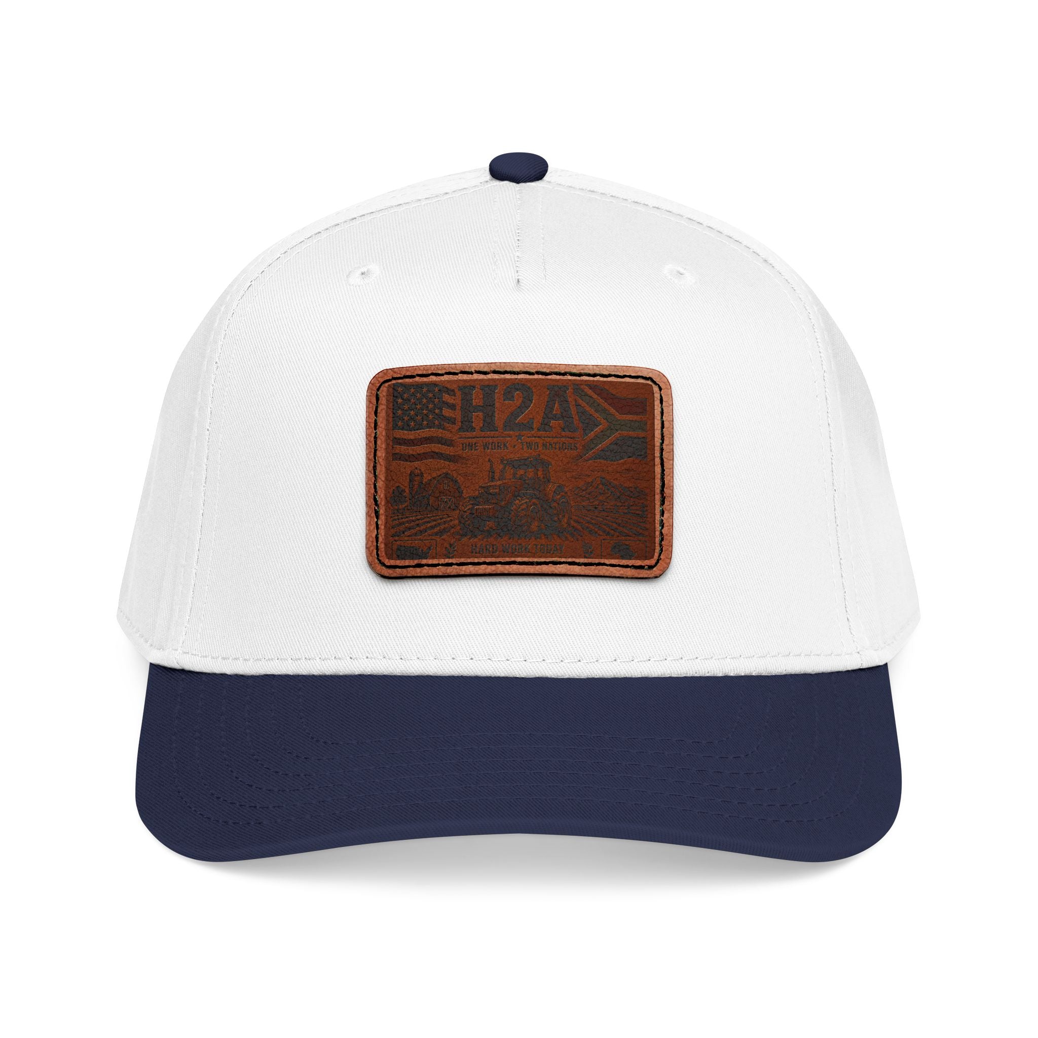 White baseball cap with rectangular H2A truck leather patch and navy brim