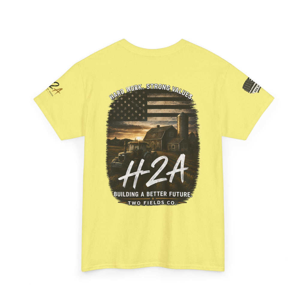 Cornsilk H2A farming T-shirt with H2A farm graphic on back