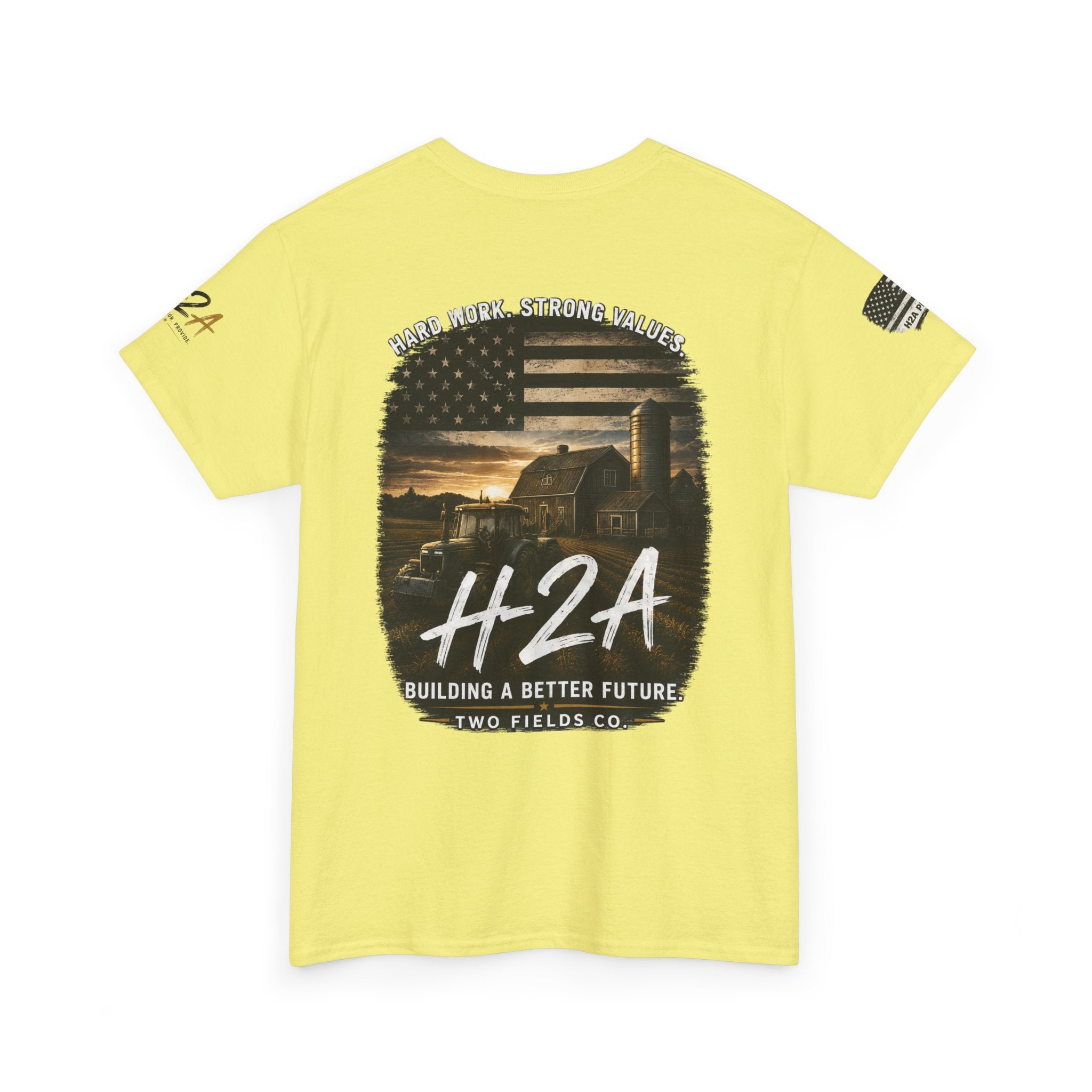Cornsilk H2A farming T-shirt with H2A farm graphic on back