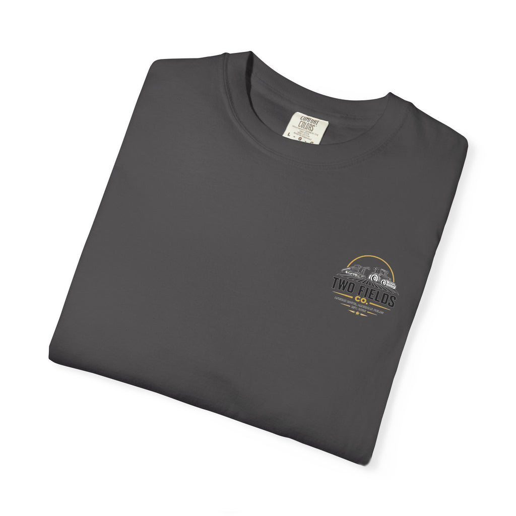 Dark gray crew-neck T-shirt with small Two Fields Co. chest logo
