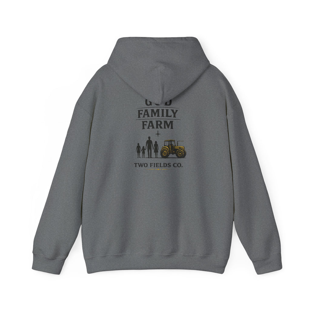 Gray hoodie with back graphic "FAMILY FARM" plus people and tractor