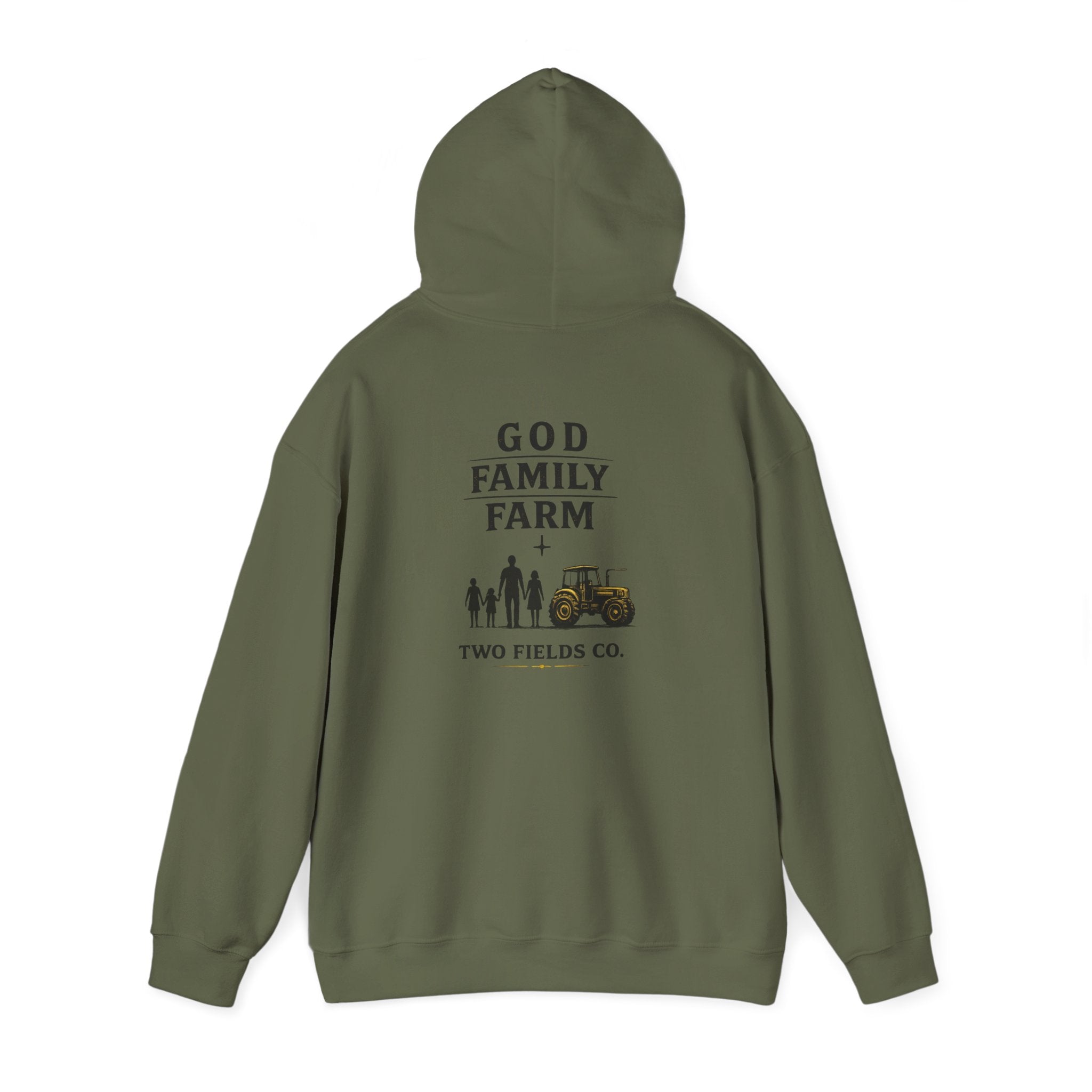 Olive green hoodie with back graphic text and tractor scene under the hood