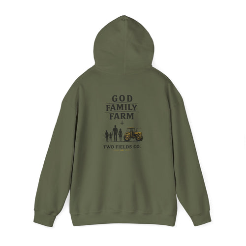 Olive green hoodie with back graphic text and tractor scene under the hood