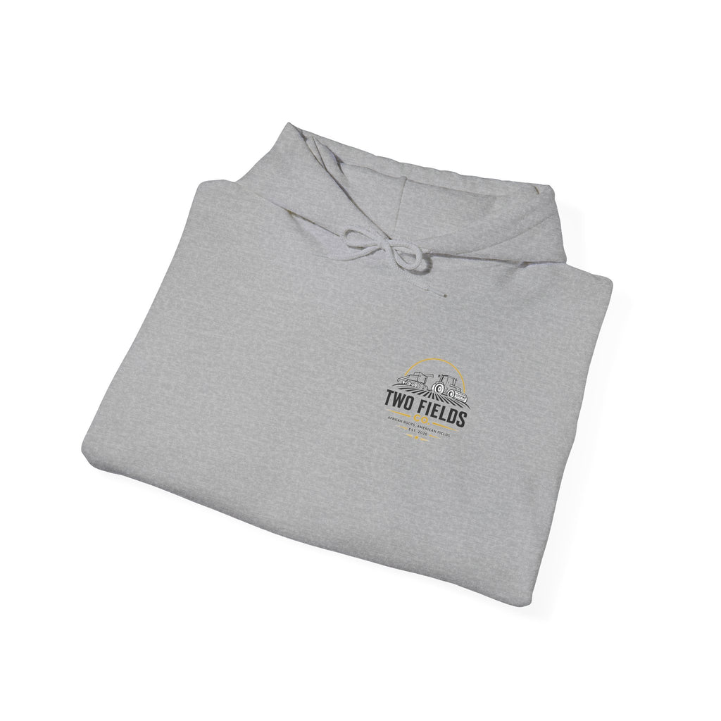 Heather gray folded hooded sweatshirt with small chest logo