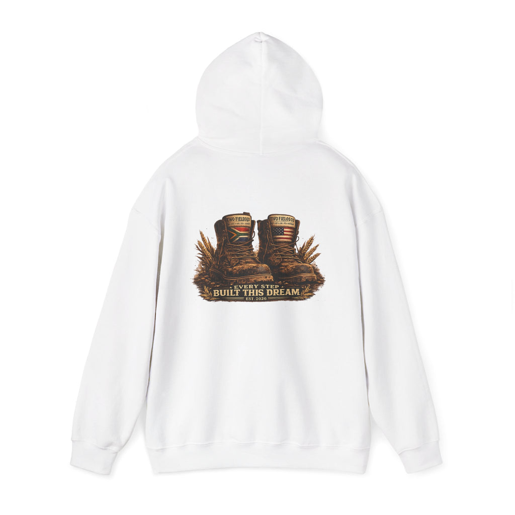 White pullover hoodie with kangaroo pocket and back logo graphic, hood drawstring
