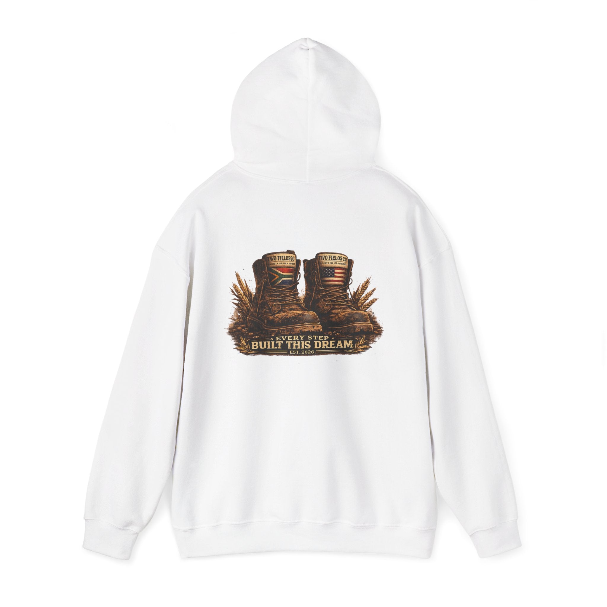 White pullover hoodie with kangaroo pocket and back logo graphic, hood drawstring