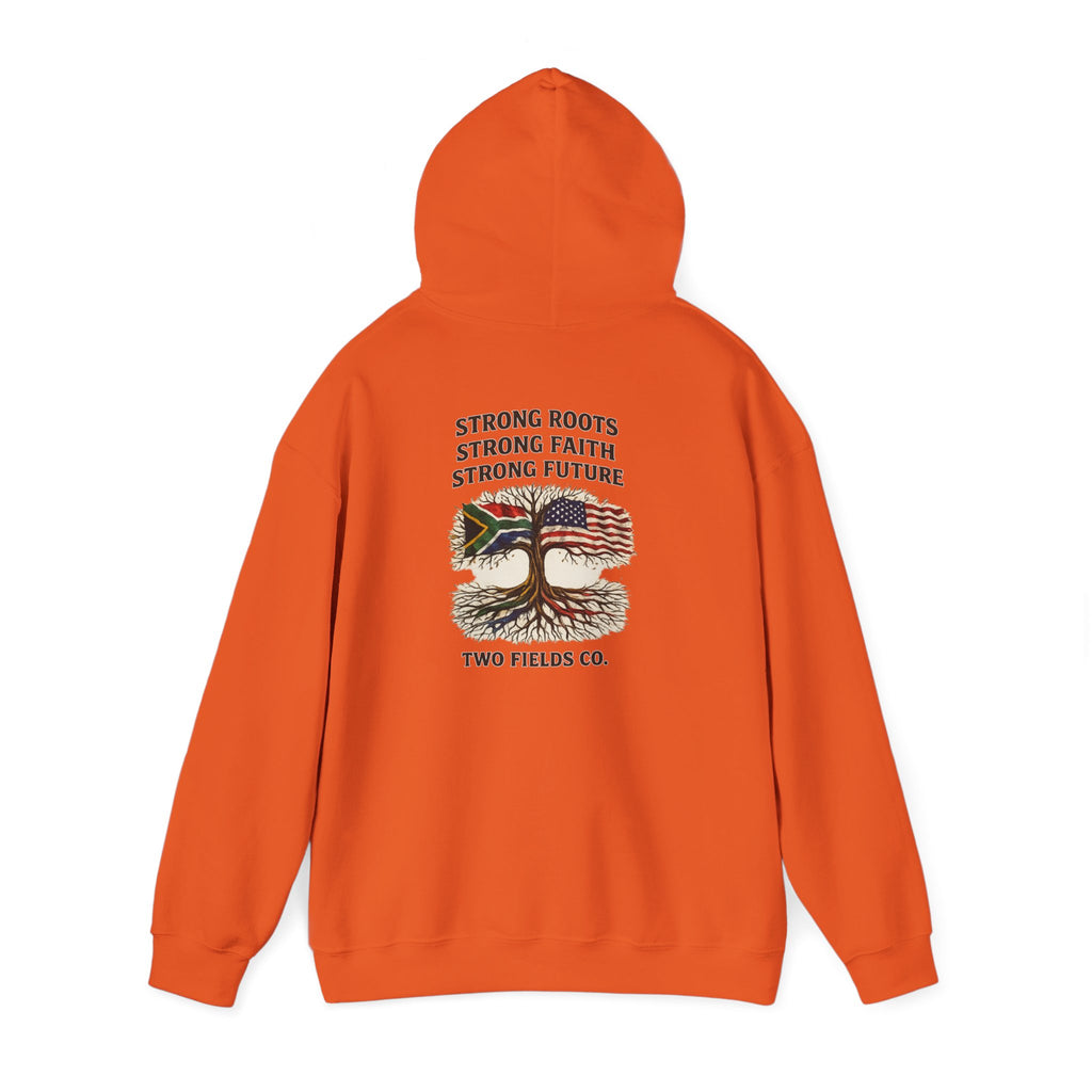 Orange pullover hoodie with hood and front pocket, tree and slogan graphic on back.