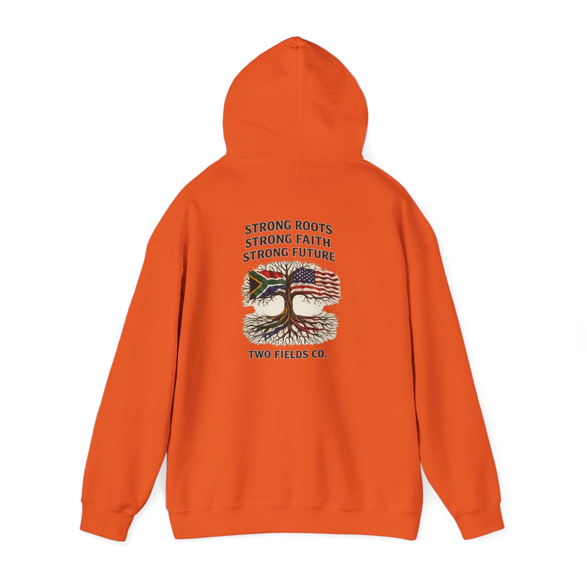Orange pullover hoodie with hood and front pocket, tree and slogan graphic on back.