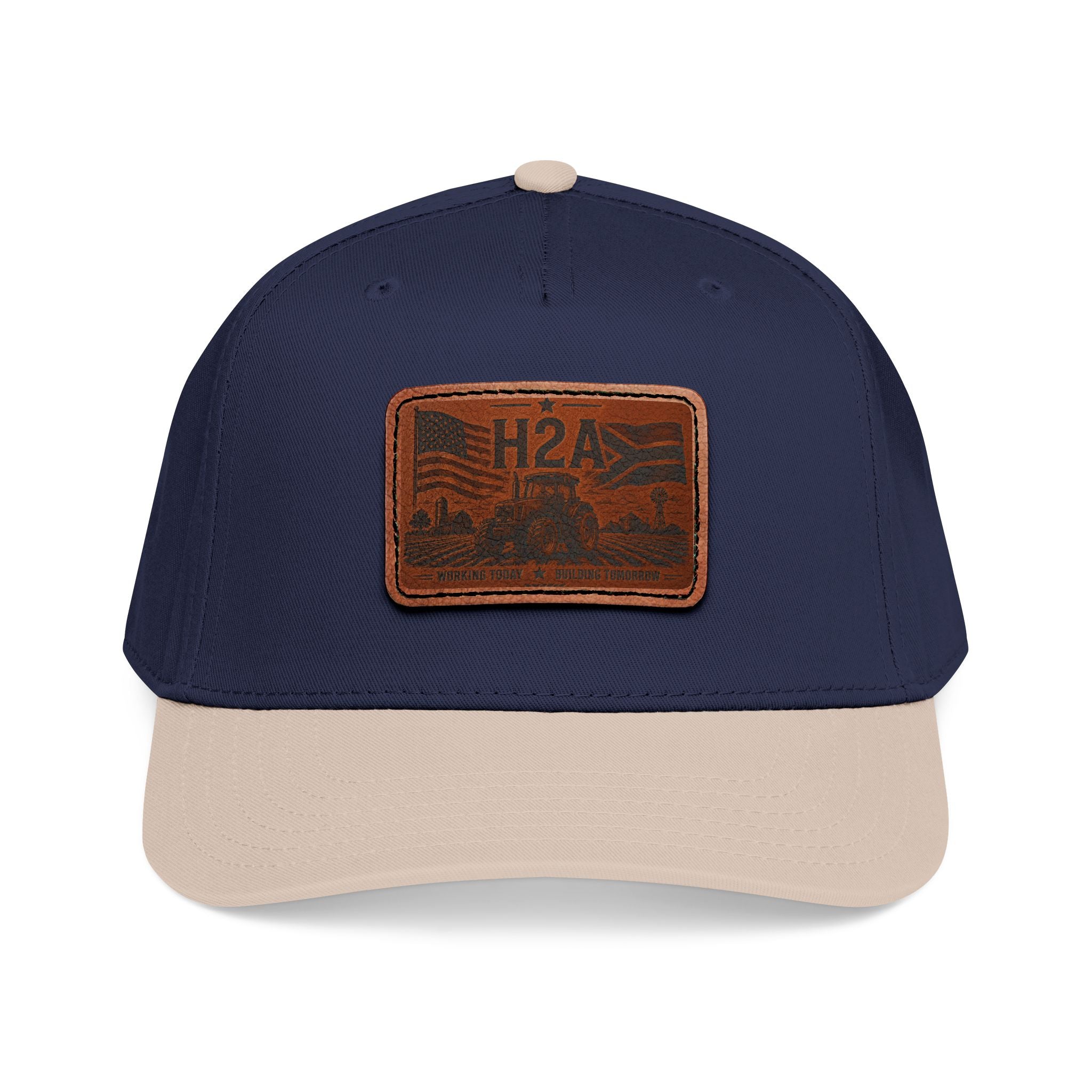 Leather patch baseball cap, dark navy crown and light brim with rectangle H2A patch